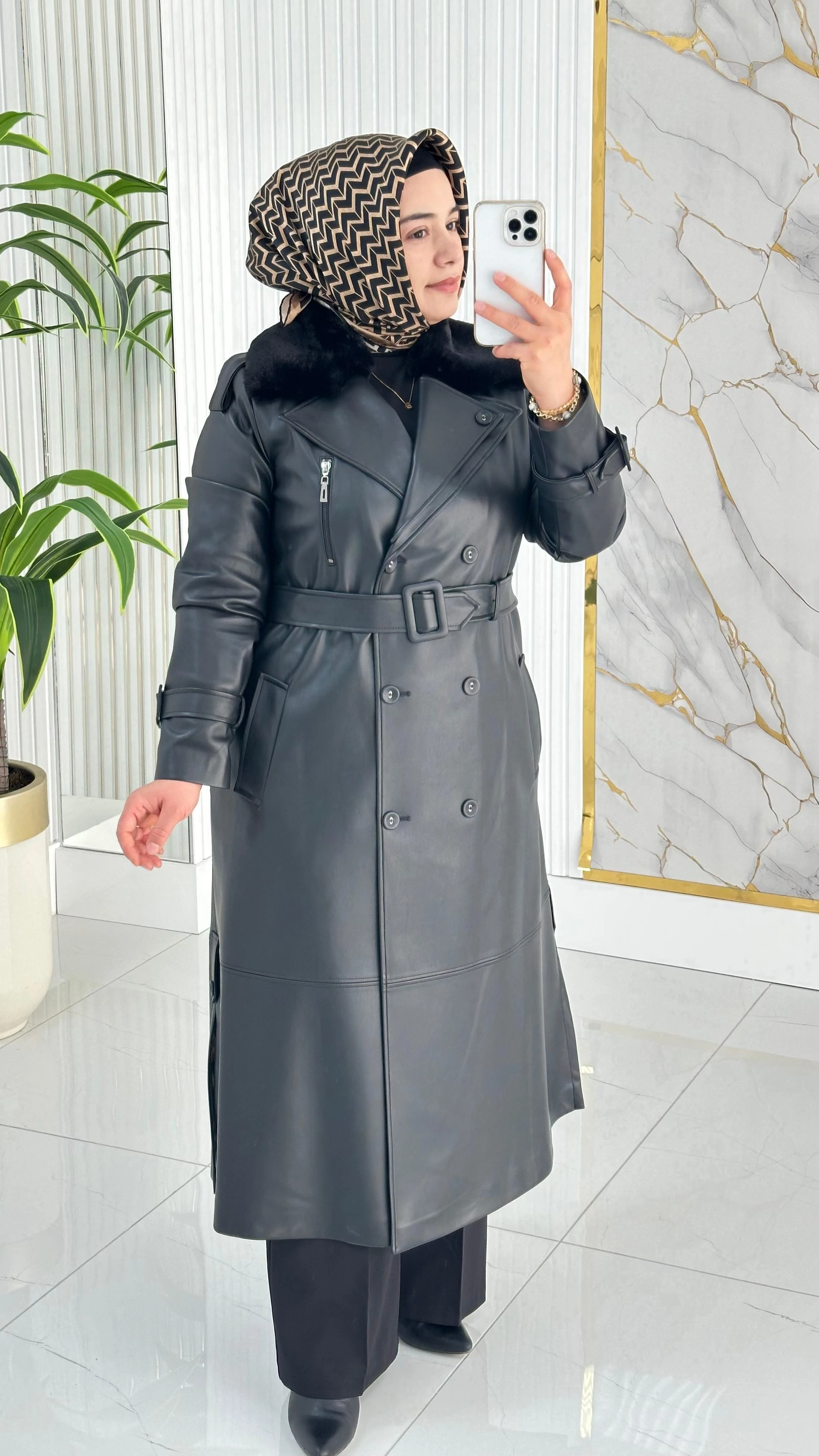 Zühre Kürk Yaka Fermuar Detaylı Deri Trençkot 1352