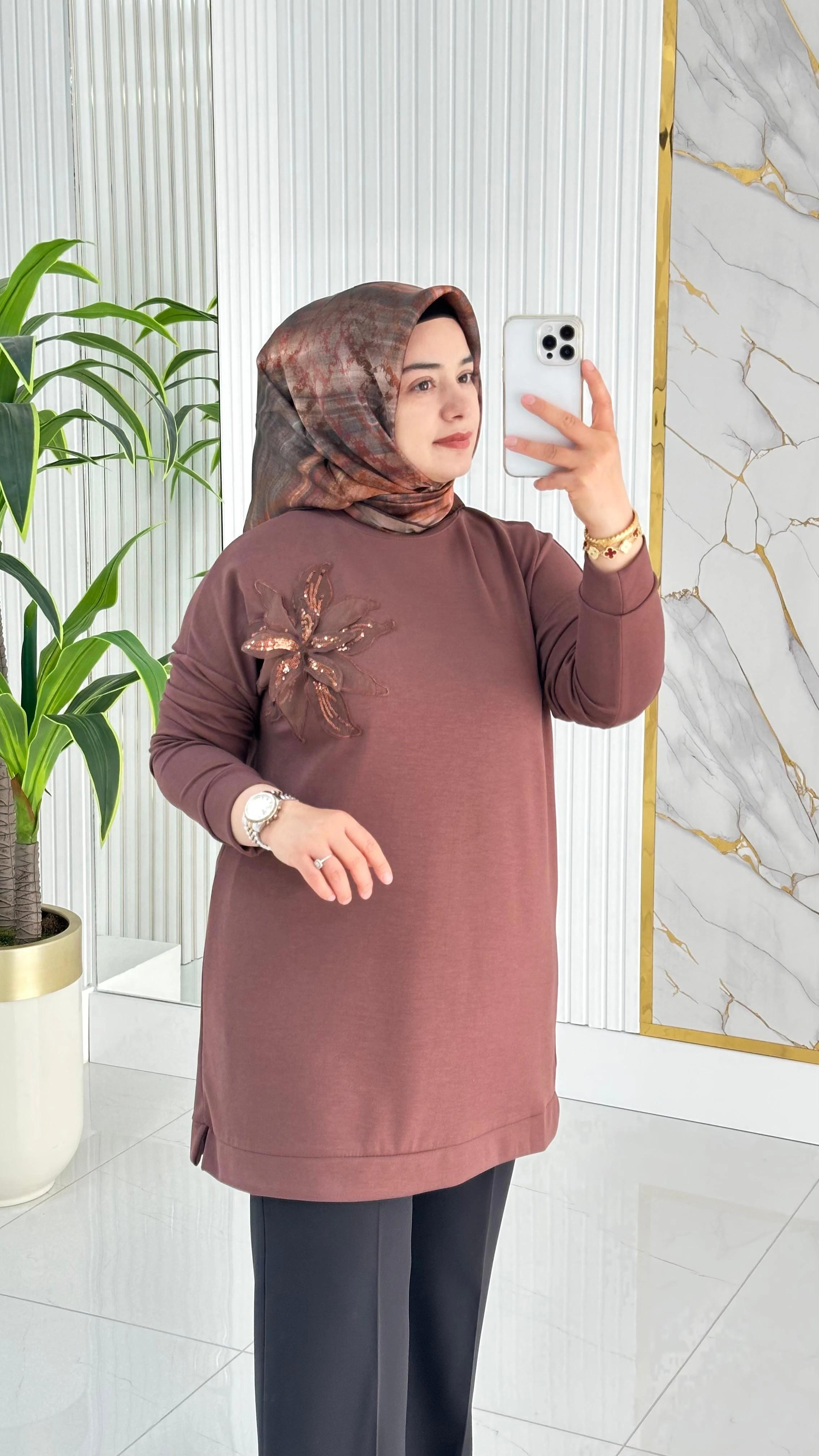 Kado Çiçek Desenli Tunik 7346 - Kahverengi