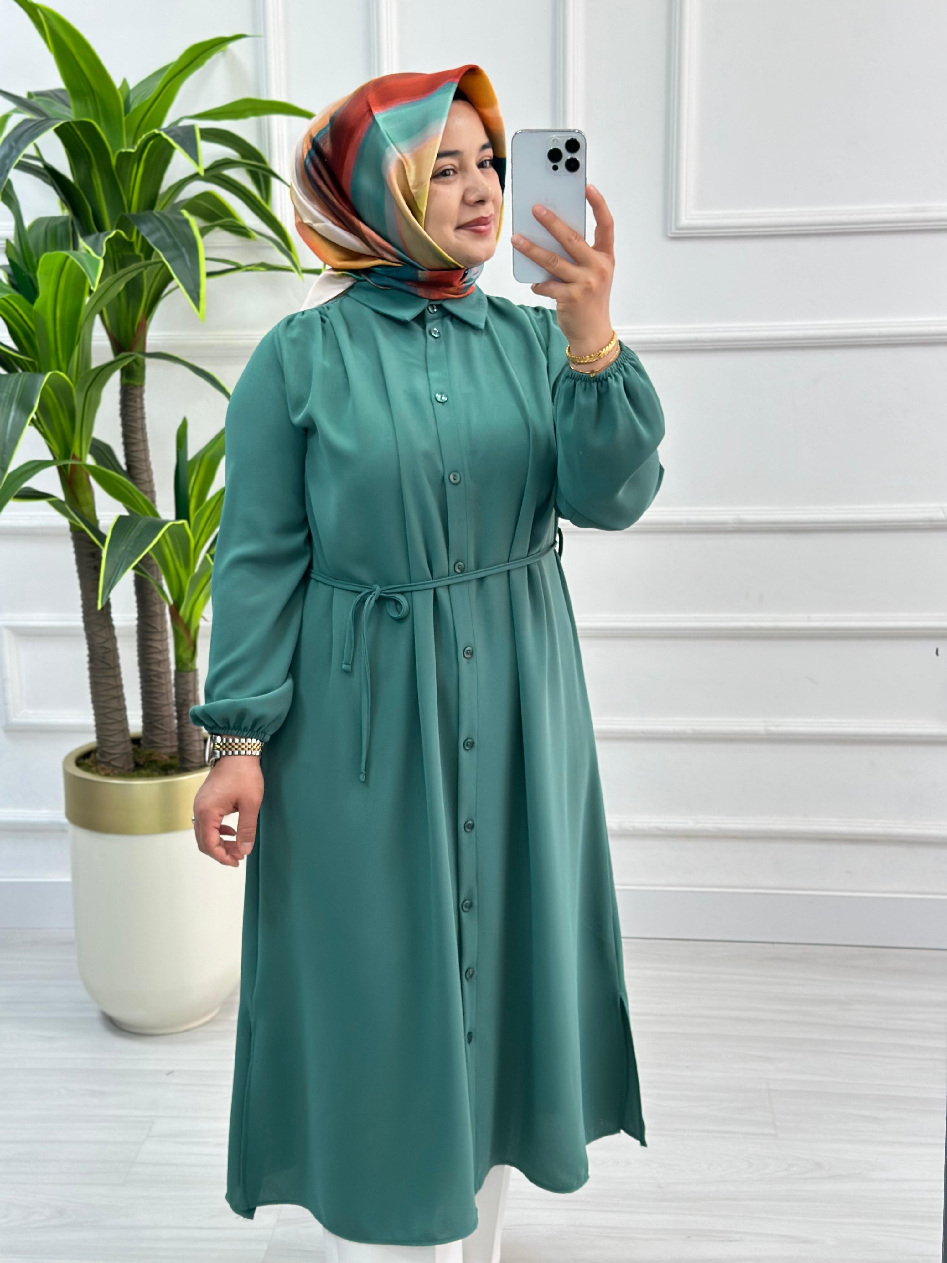 Omuzları Büzgülü Linda Kumaş Tunik 1562 - Mint Yeşili