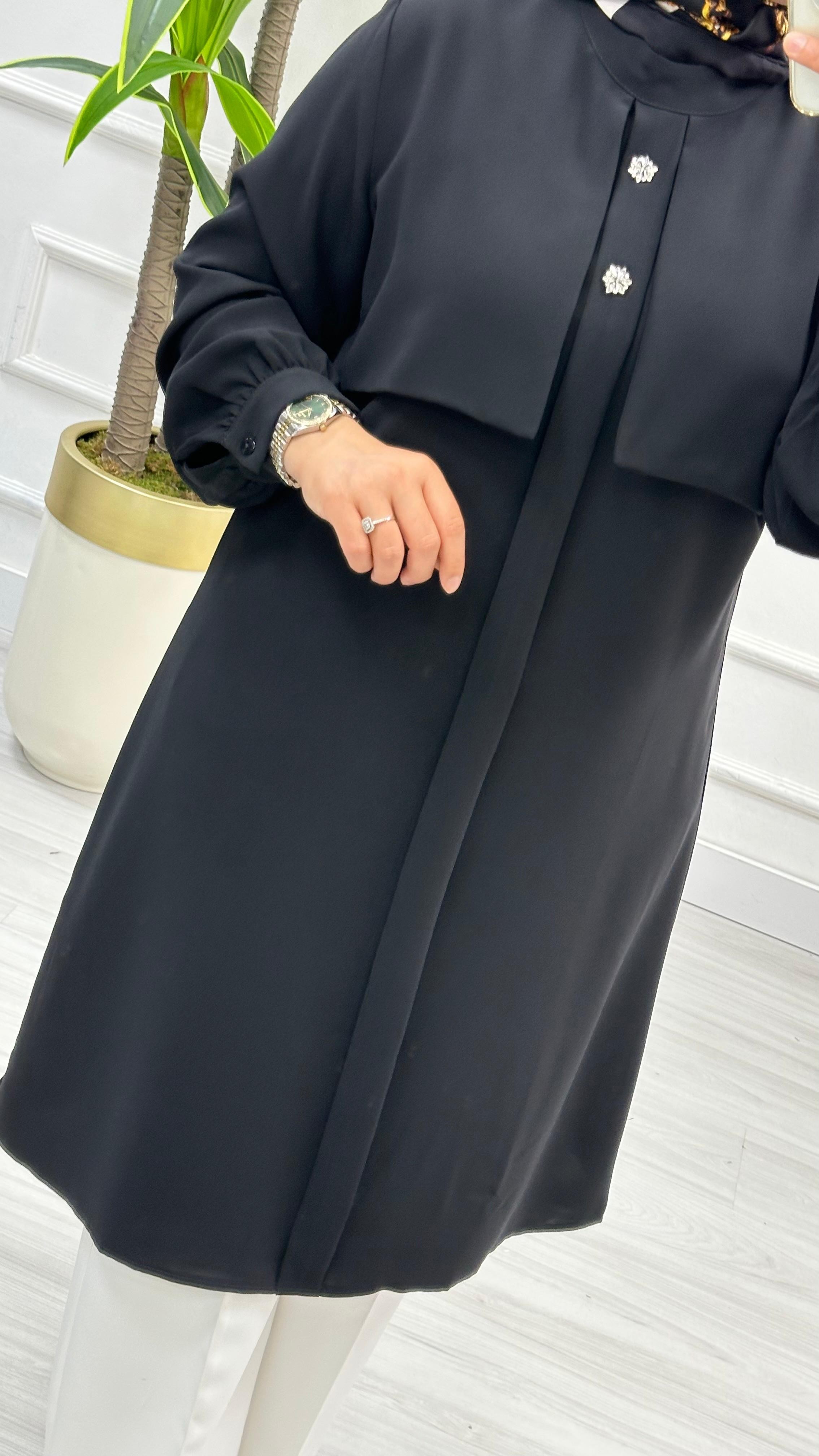 Alesya Taşlı Cepkenli Polo Krep Tunik 4887 - Siyah