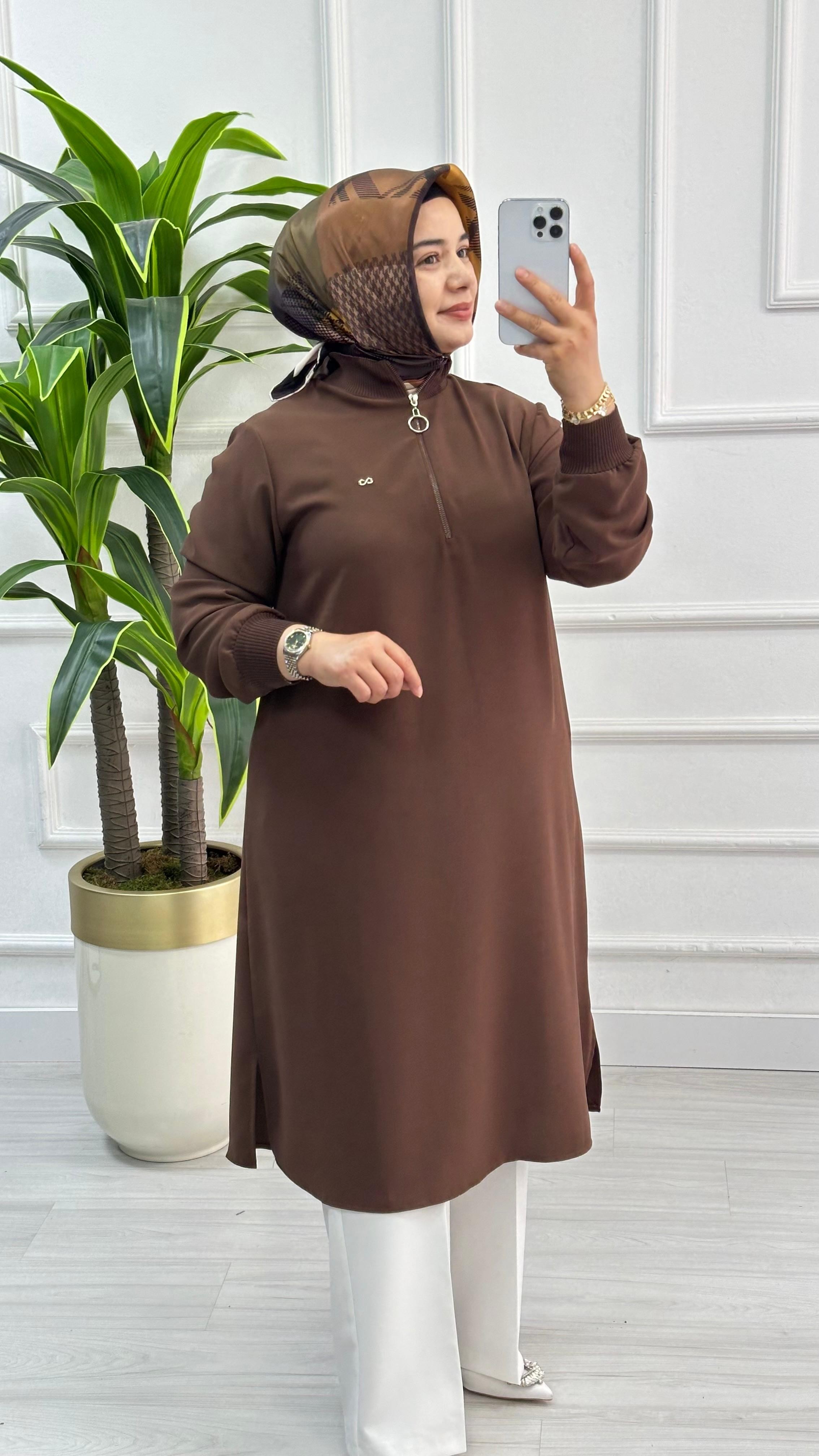 Kado Fermuarlı Uzun Boy Tesettür Tunik 1591 - Kahverengi