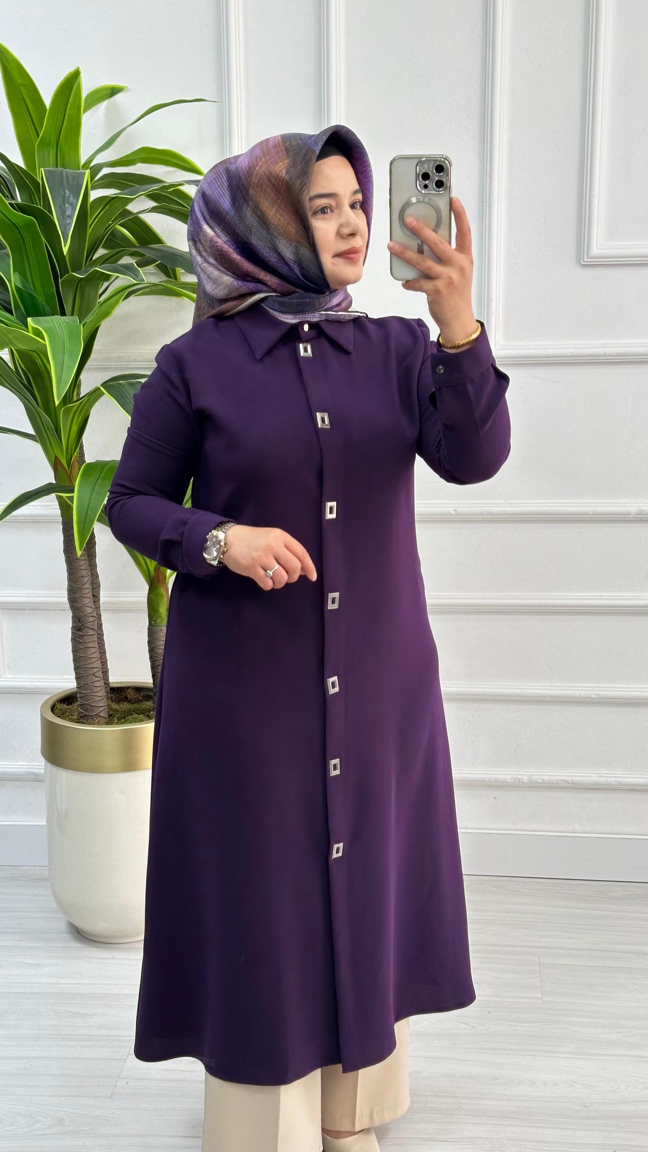 Çınar Özkan Çıt Çıtlı Uzun Tesettür Tunik Giyçık 2132 - Mor