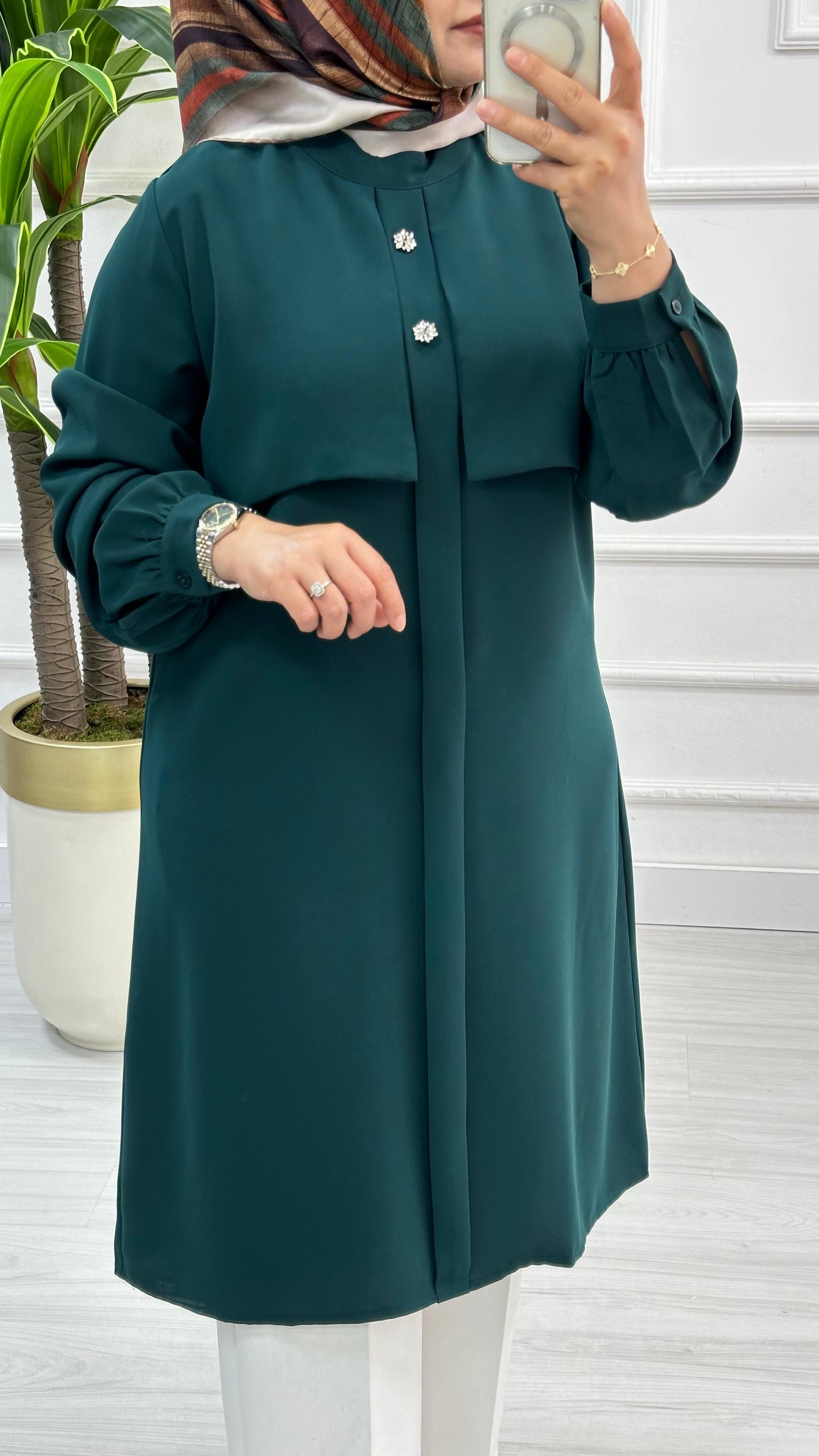 Alesya Taşlı Cepkenli Polo Krep Tunik 4887 - Zümrüt Yeşili