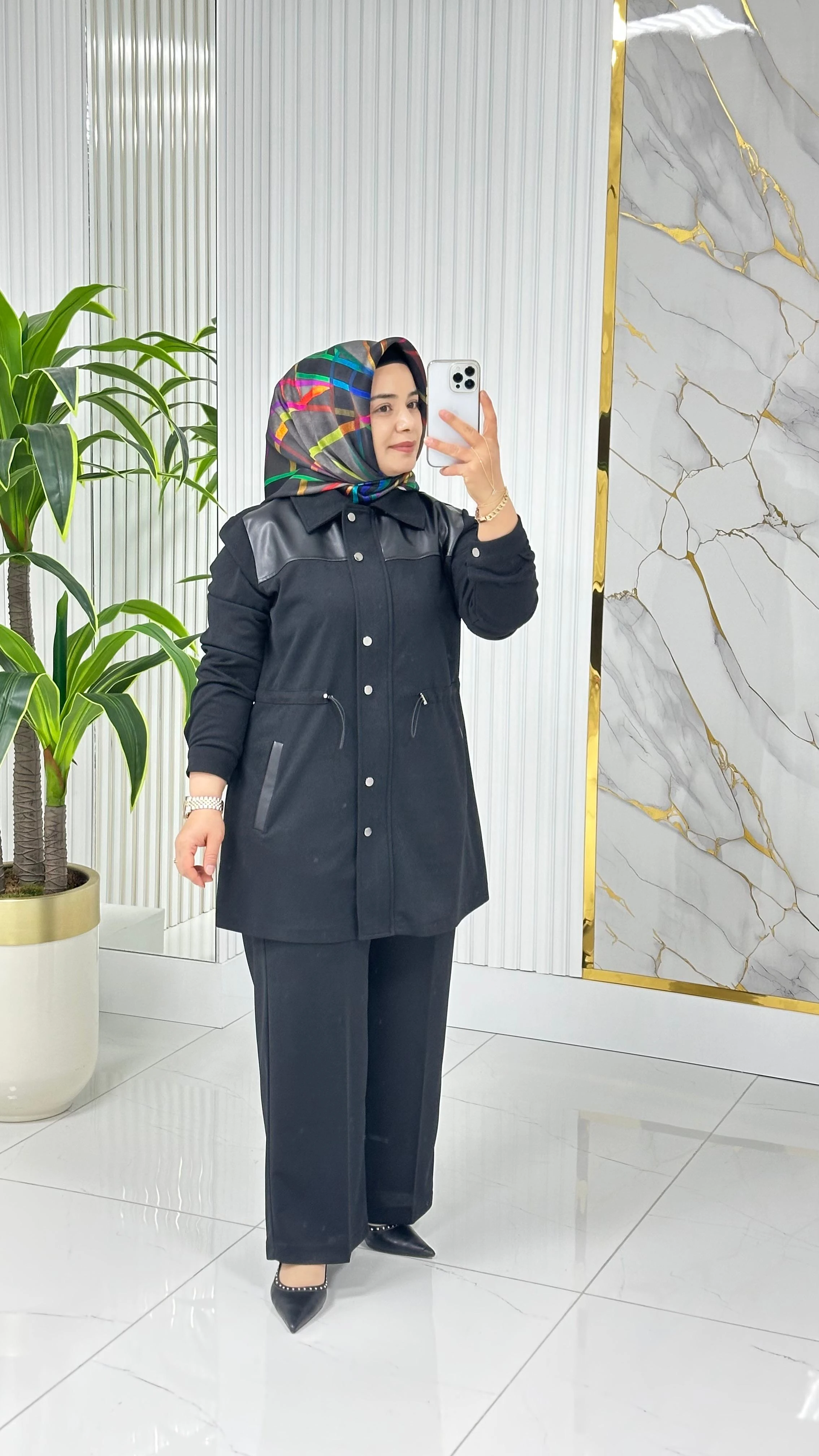 ÇINAR ÖZKAN DERİ DETAYLI İKİLİ TAKIM 2235 - Siyah