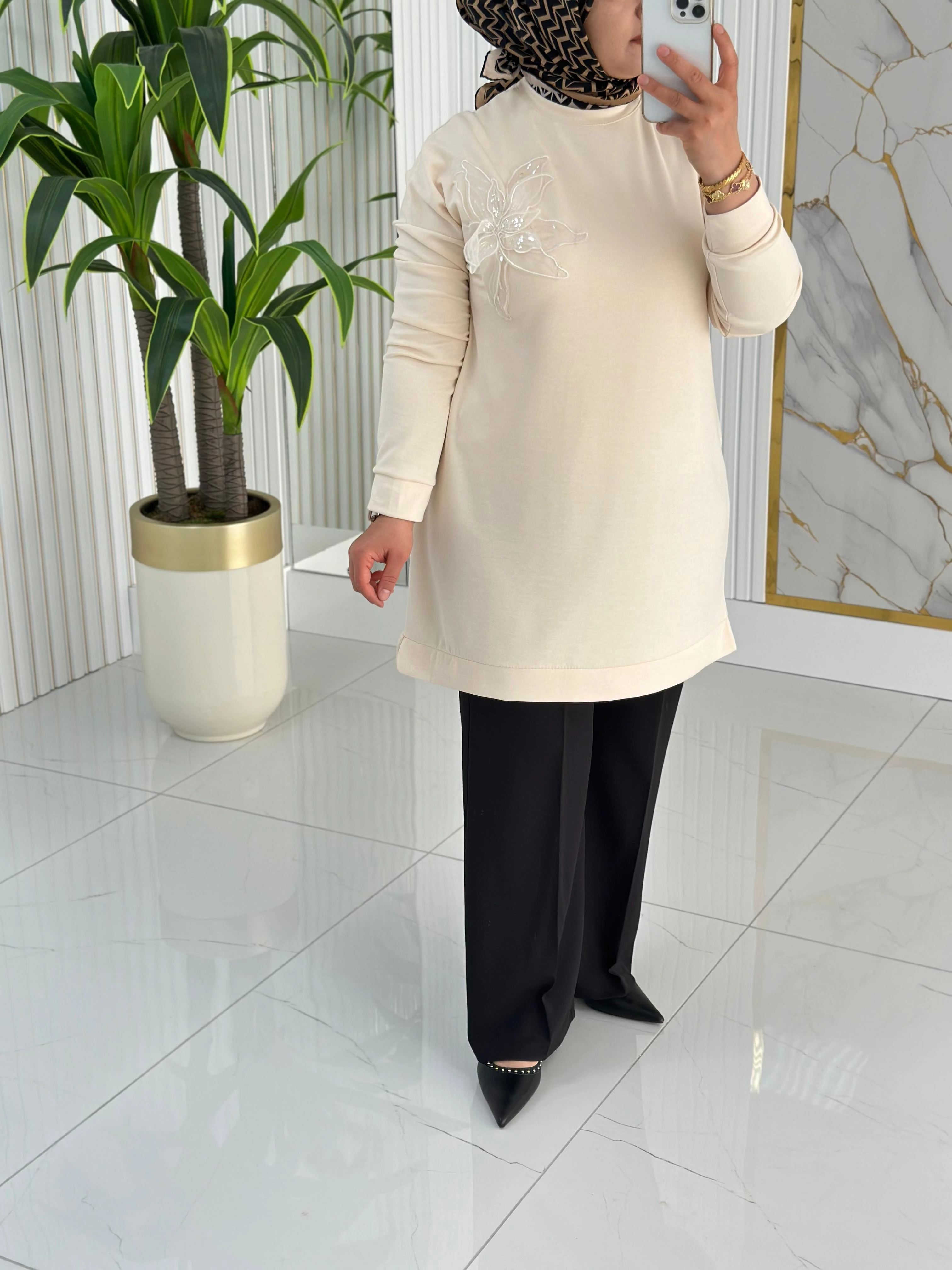 Kado Çiçek Desenli Tunik 7346 - Ekru