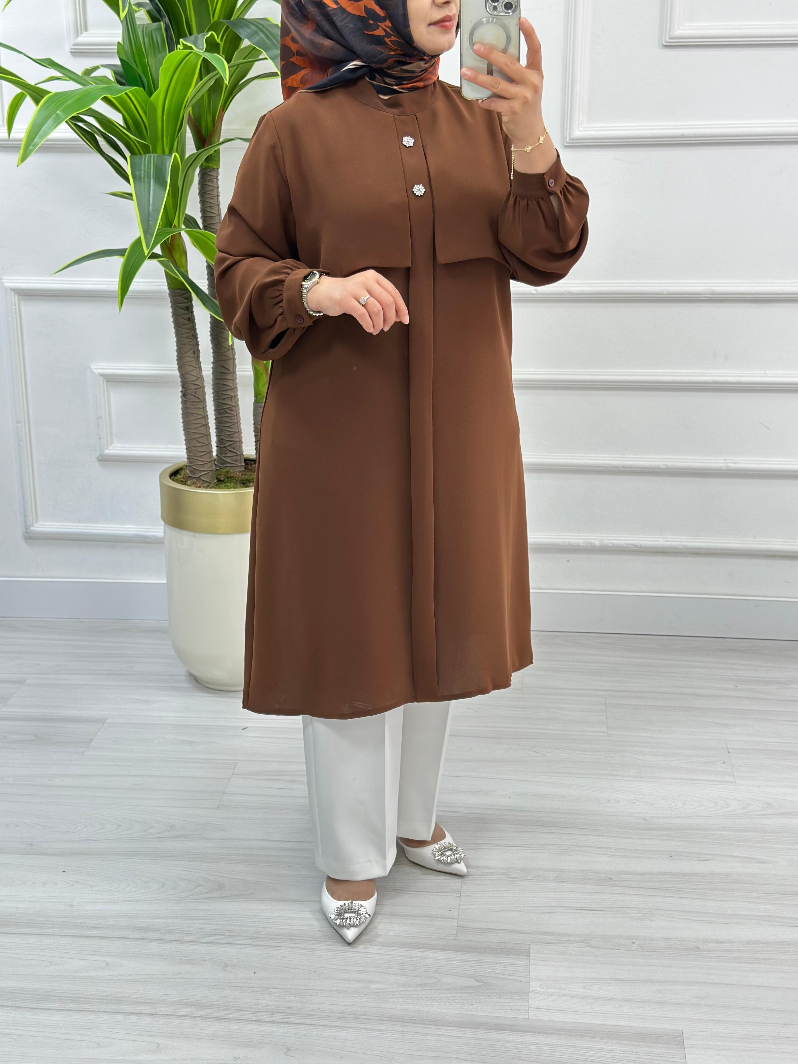 Alesya Taşlı Cepkenli Polo Krep Tunik 4887 - Kahverengi