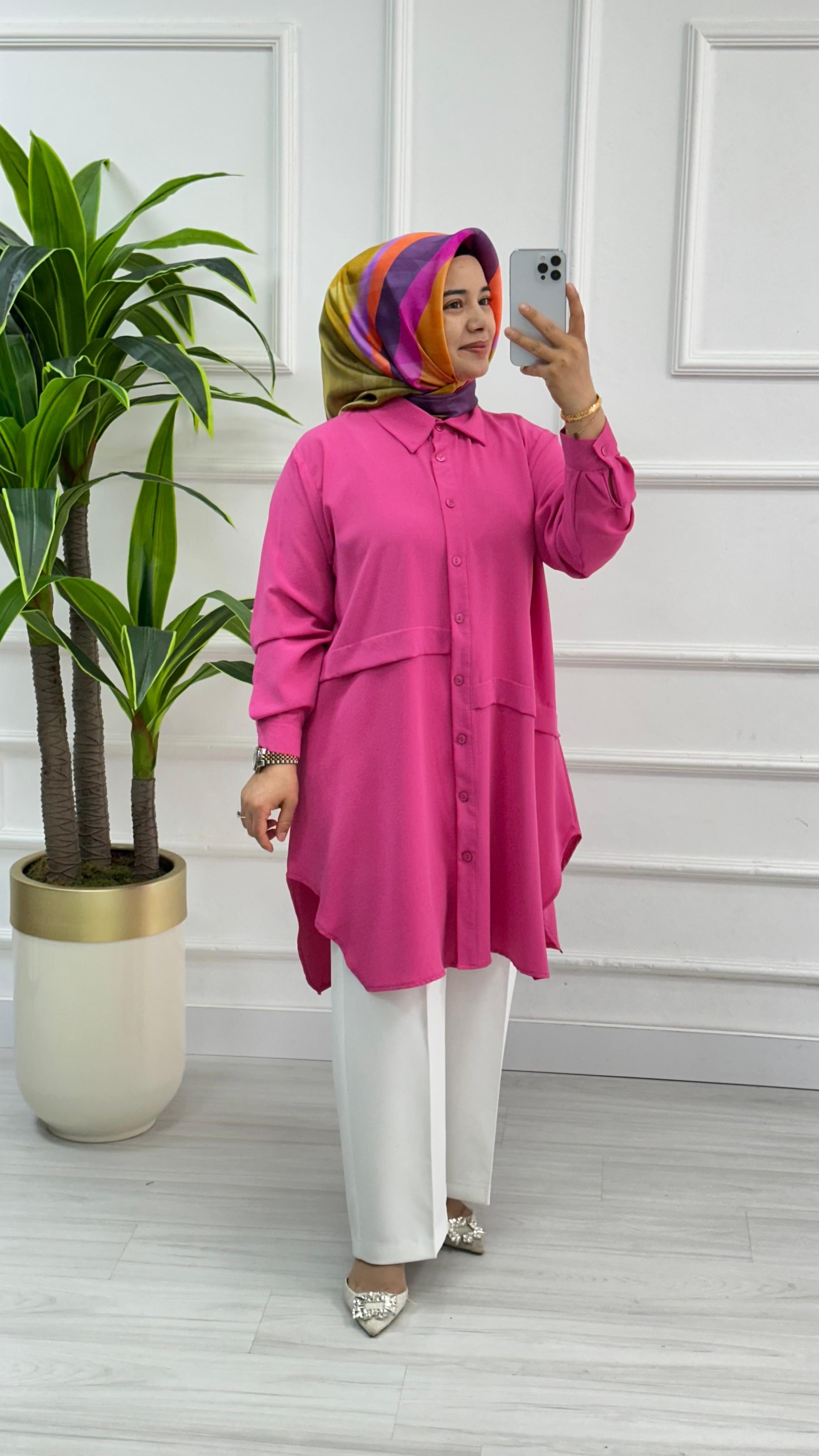 Önleri Geniş Pileli Linda Rahat Kalıp Tunik 1173 - Pembe