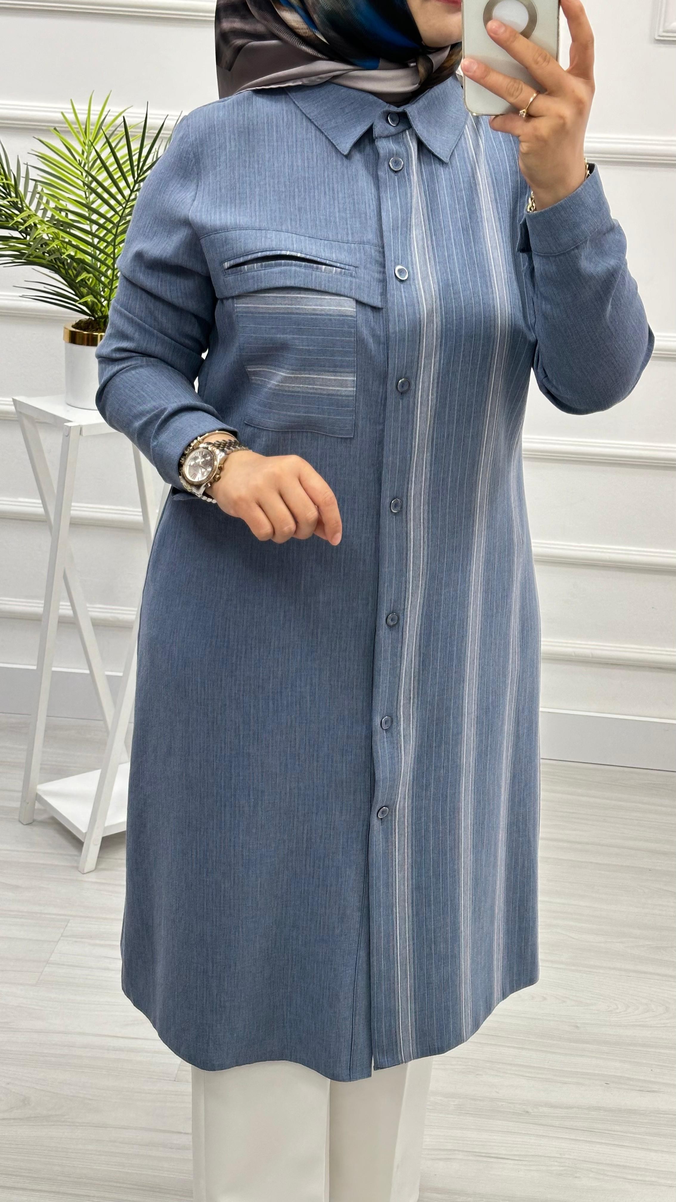 Wonna Çizgi Desenli Cepli Tunik 2810 - Mavi