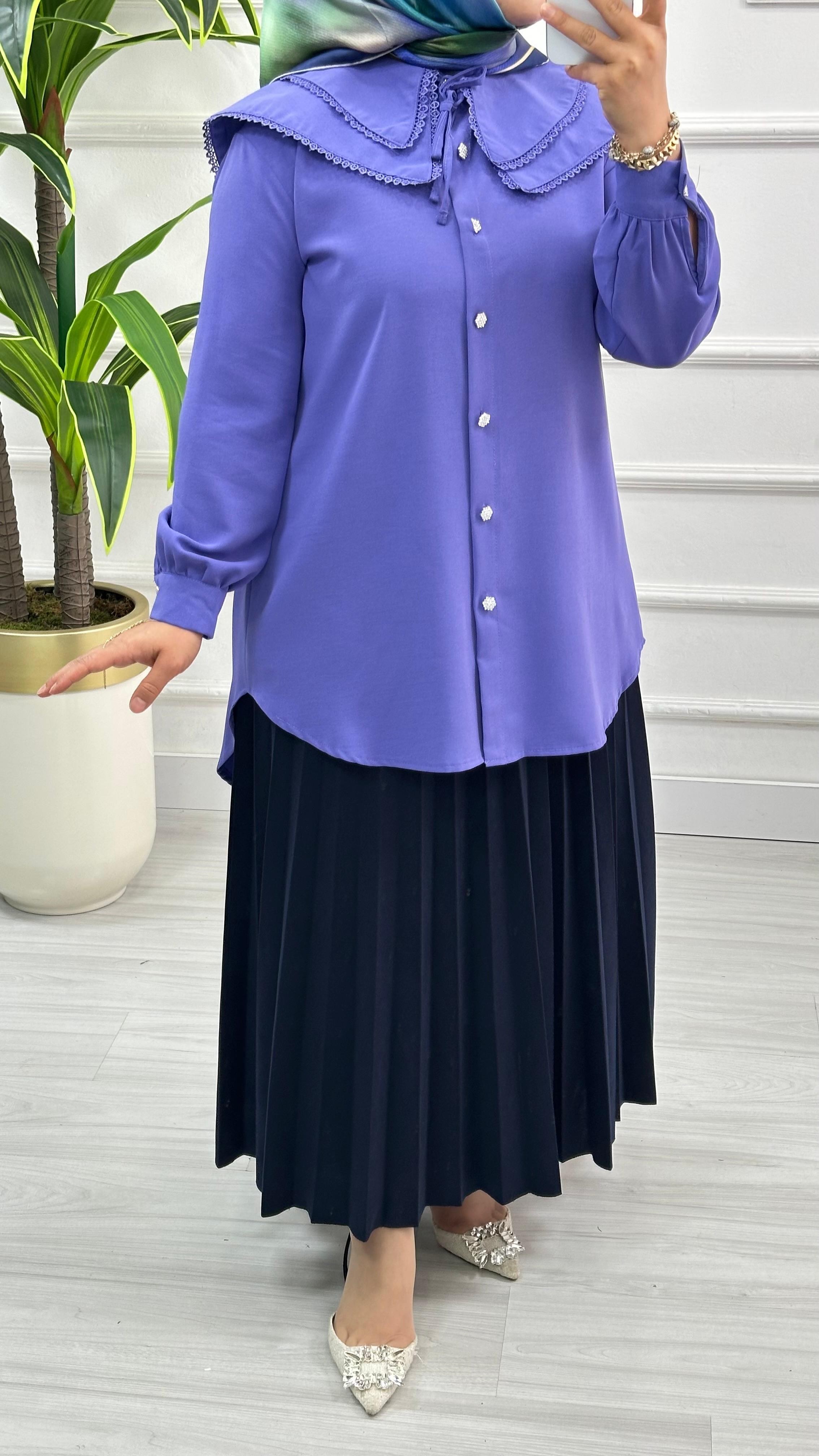 Dantelli Çift Yakalı Linda Tunik 1734 - Lila