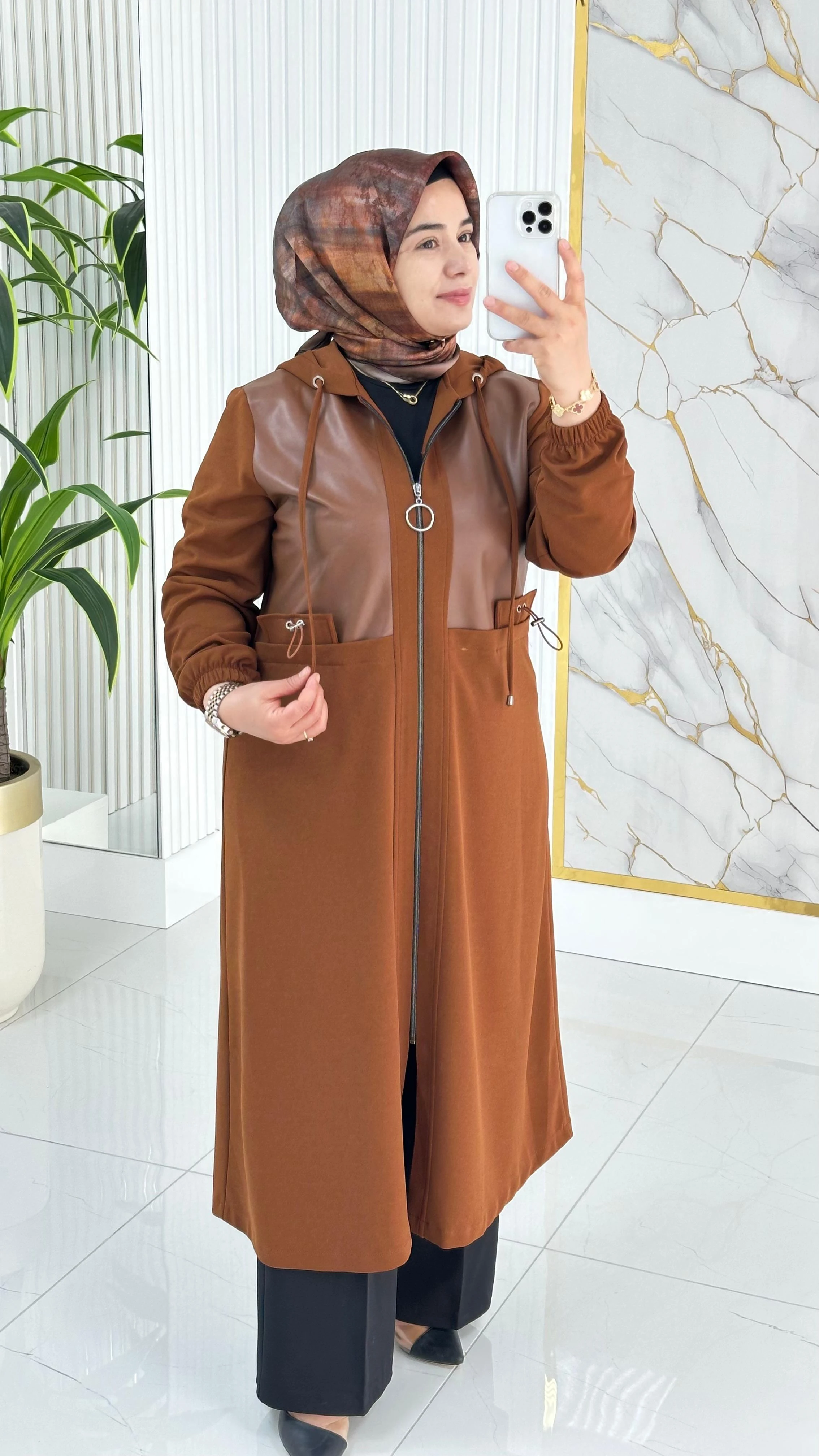 Önü Fermuarlı Deri Kombinli Kadın Giyçık Kap 2278 - Taba