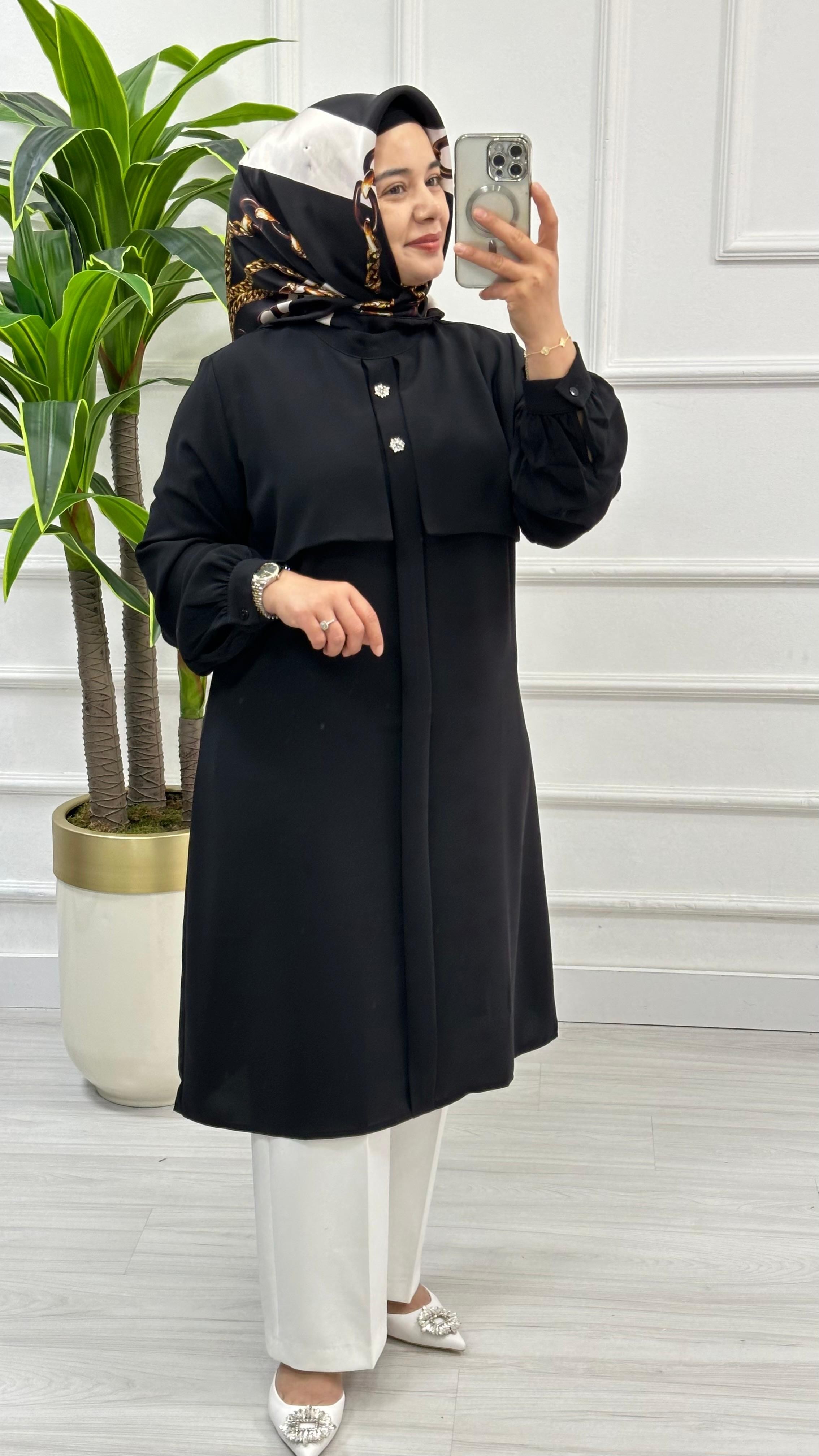 Alesya Taşlı Cepkenli Polo Krep Tunik 4887 - Siyah