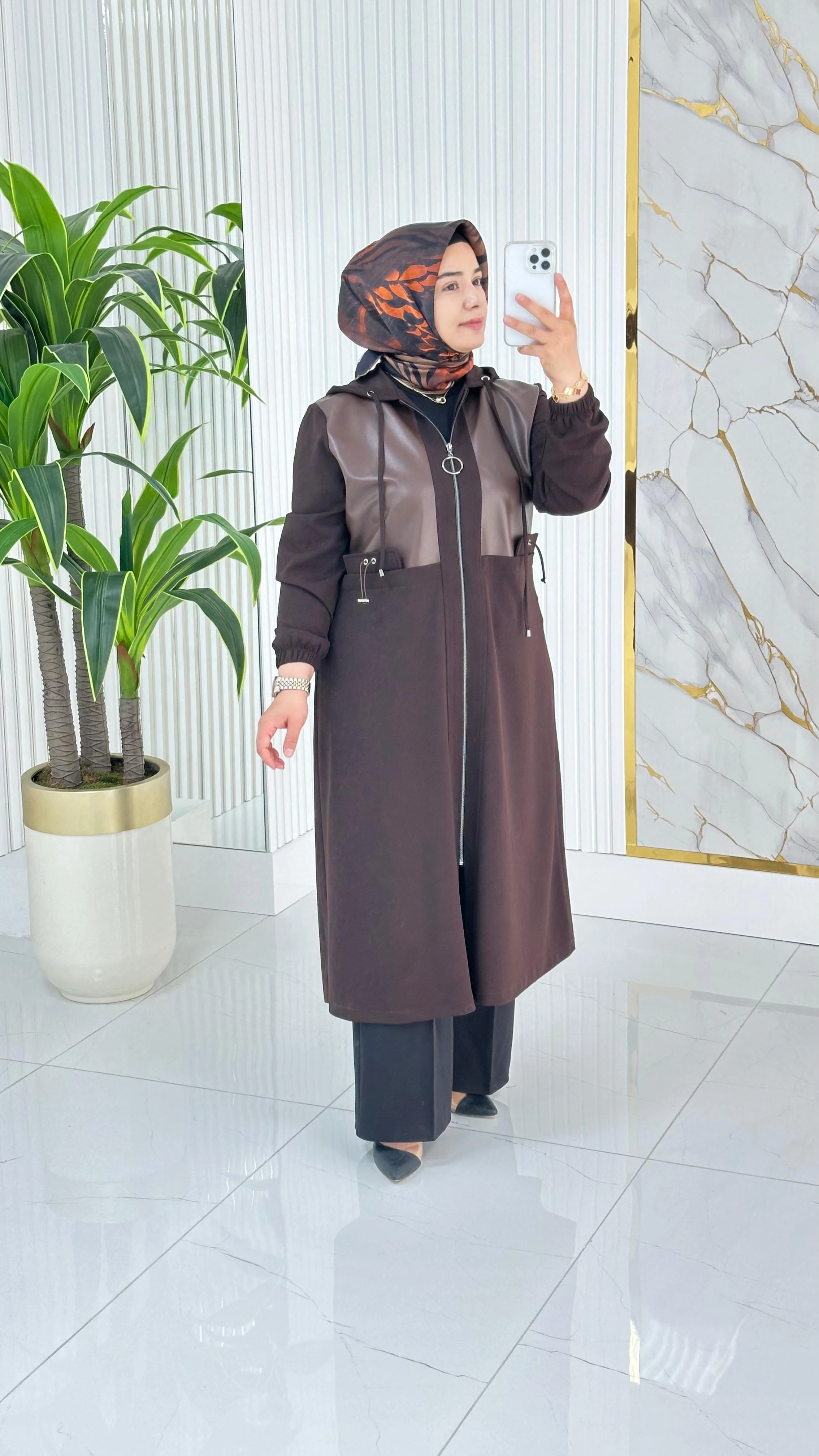 Önü Fermuarlı Deri Kombinli Kadın Giyçık Kap 2278 - Açık Kahve