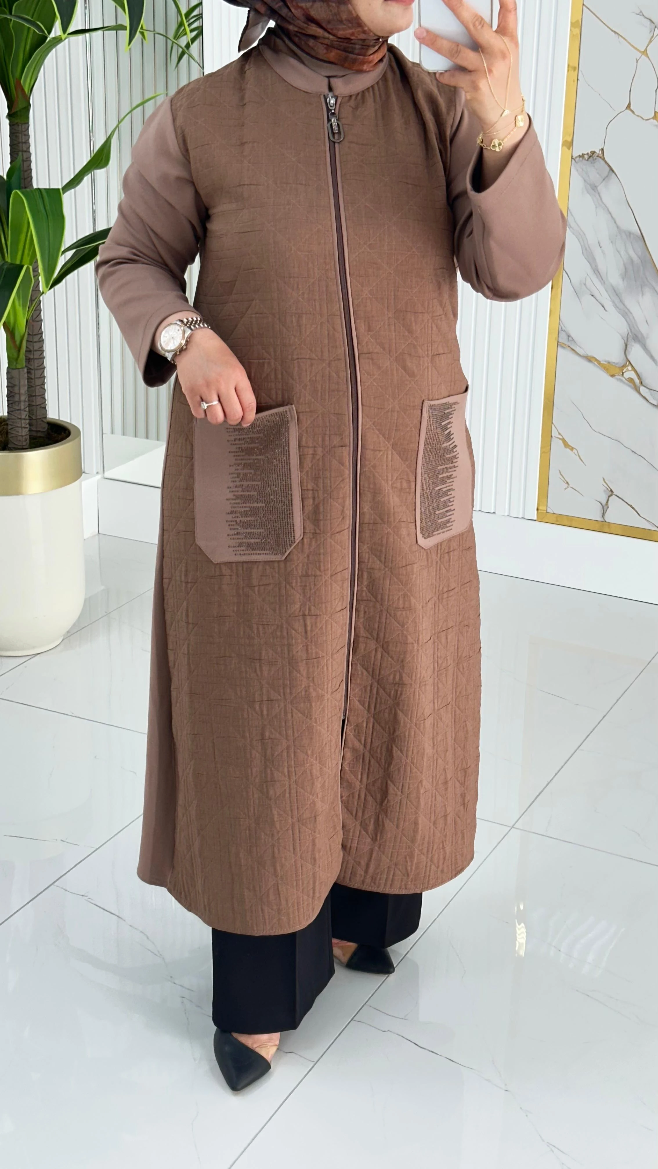 Haya Önü Fermuarlı Kapüşon Cepli Kadın Kapitone Kap 1634 - Vizon