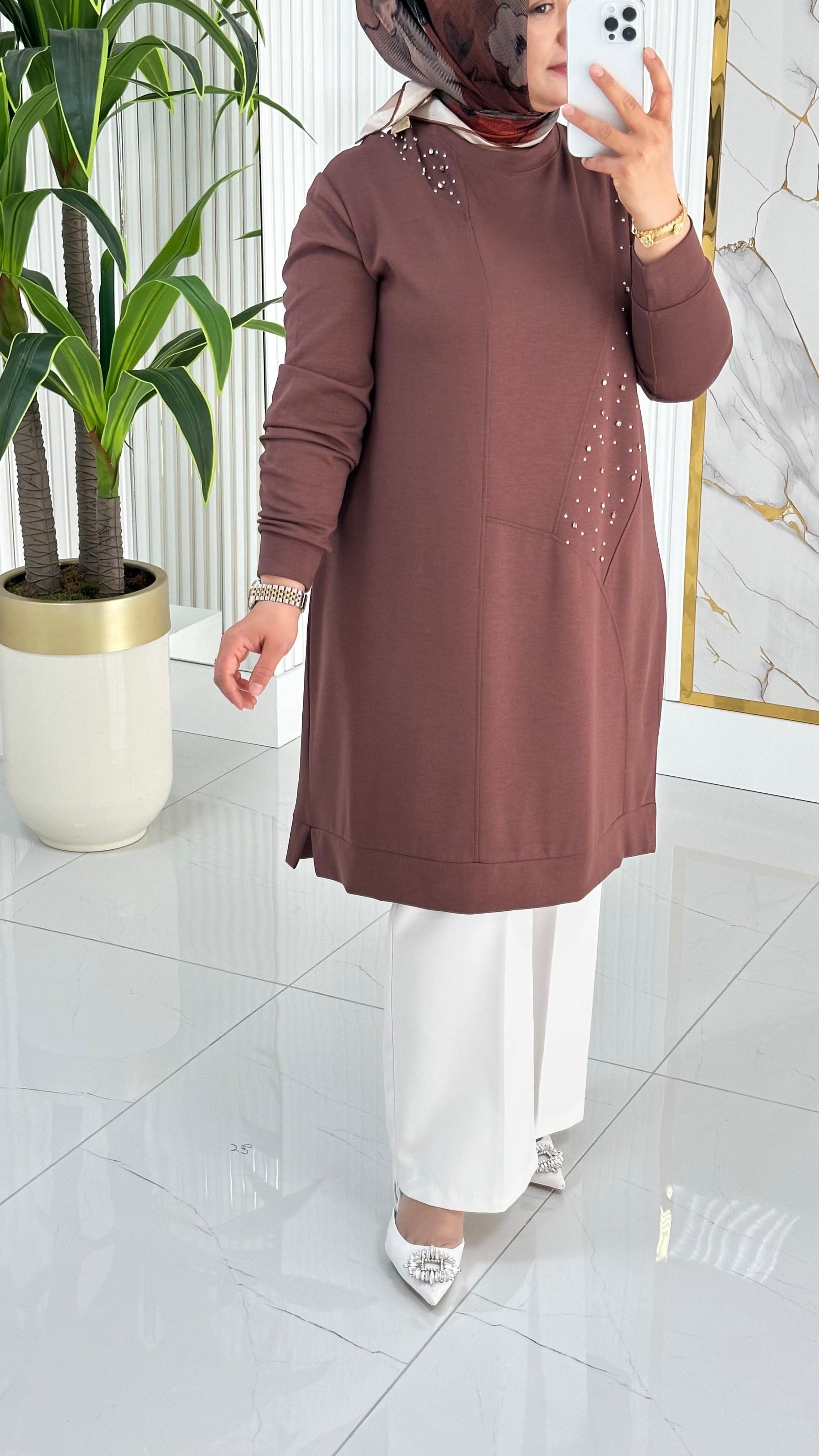 Kado Taş Baskılı Asimetrik Tunik 7020 - Kahverengi