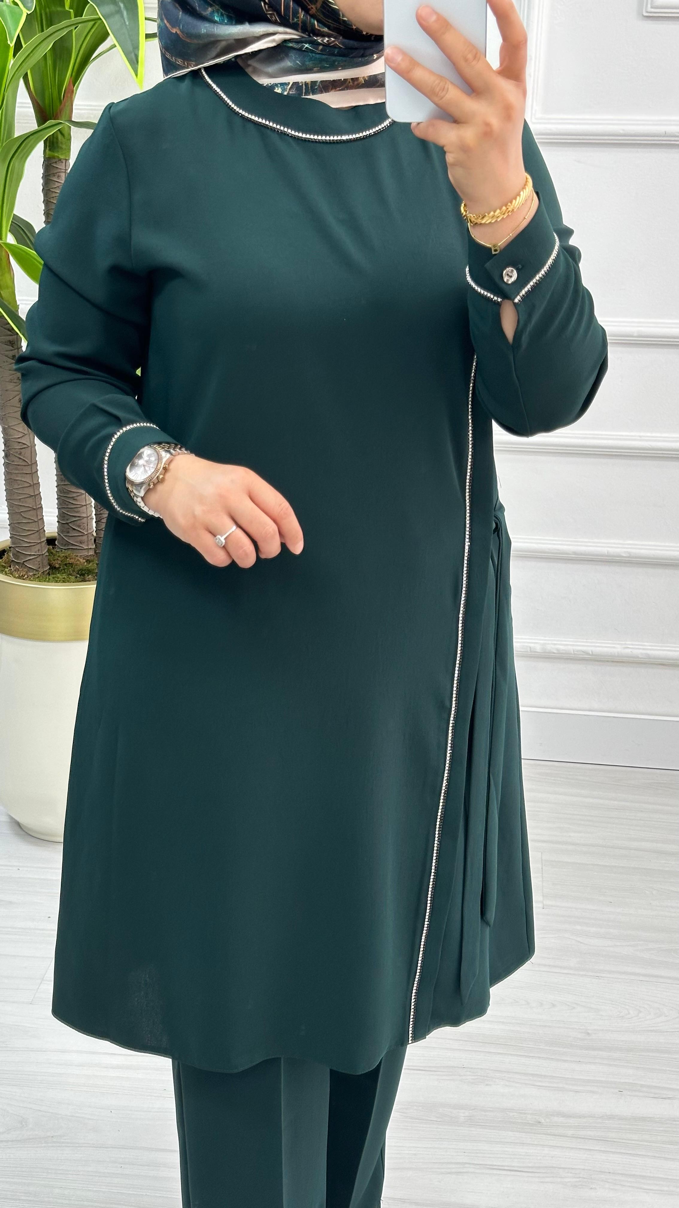 Boydan Taşlı Bağlamalı İkili Pantolonlu Takım 1810