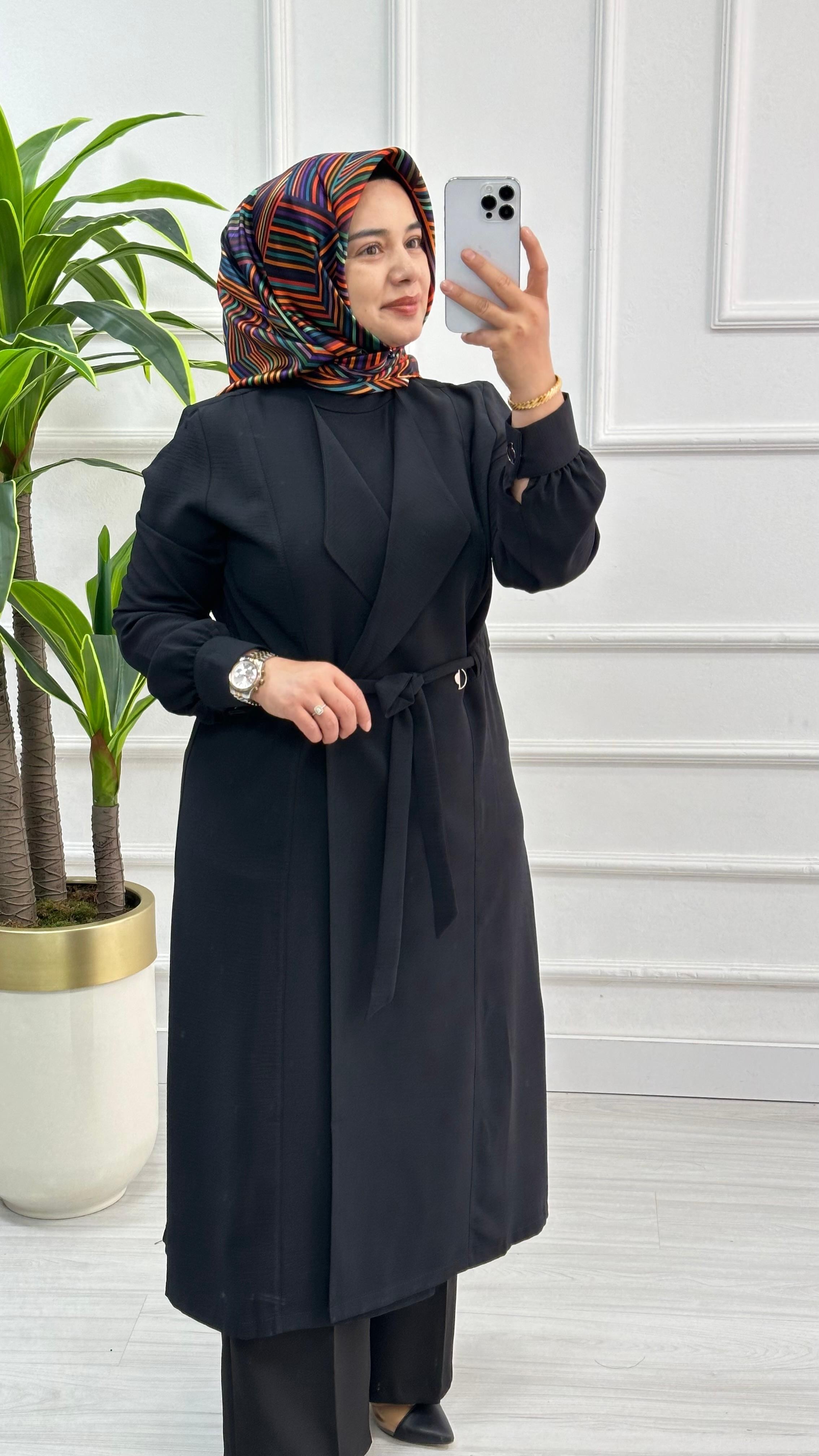 Panova Çıt Detaylı Kuşaklı Anvelok Kapamalı Giy Çık 7010 - Siyah