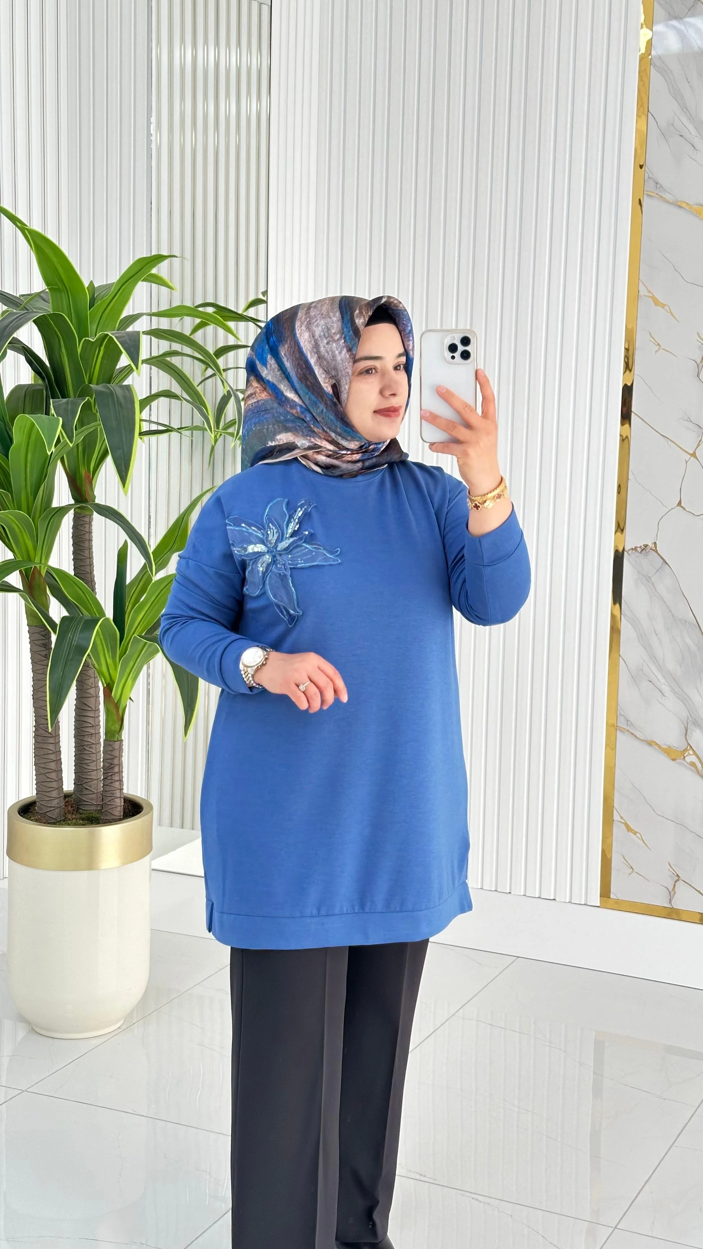 Kado Çiçek Desenli Tunik 7346 - Mavi