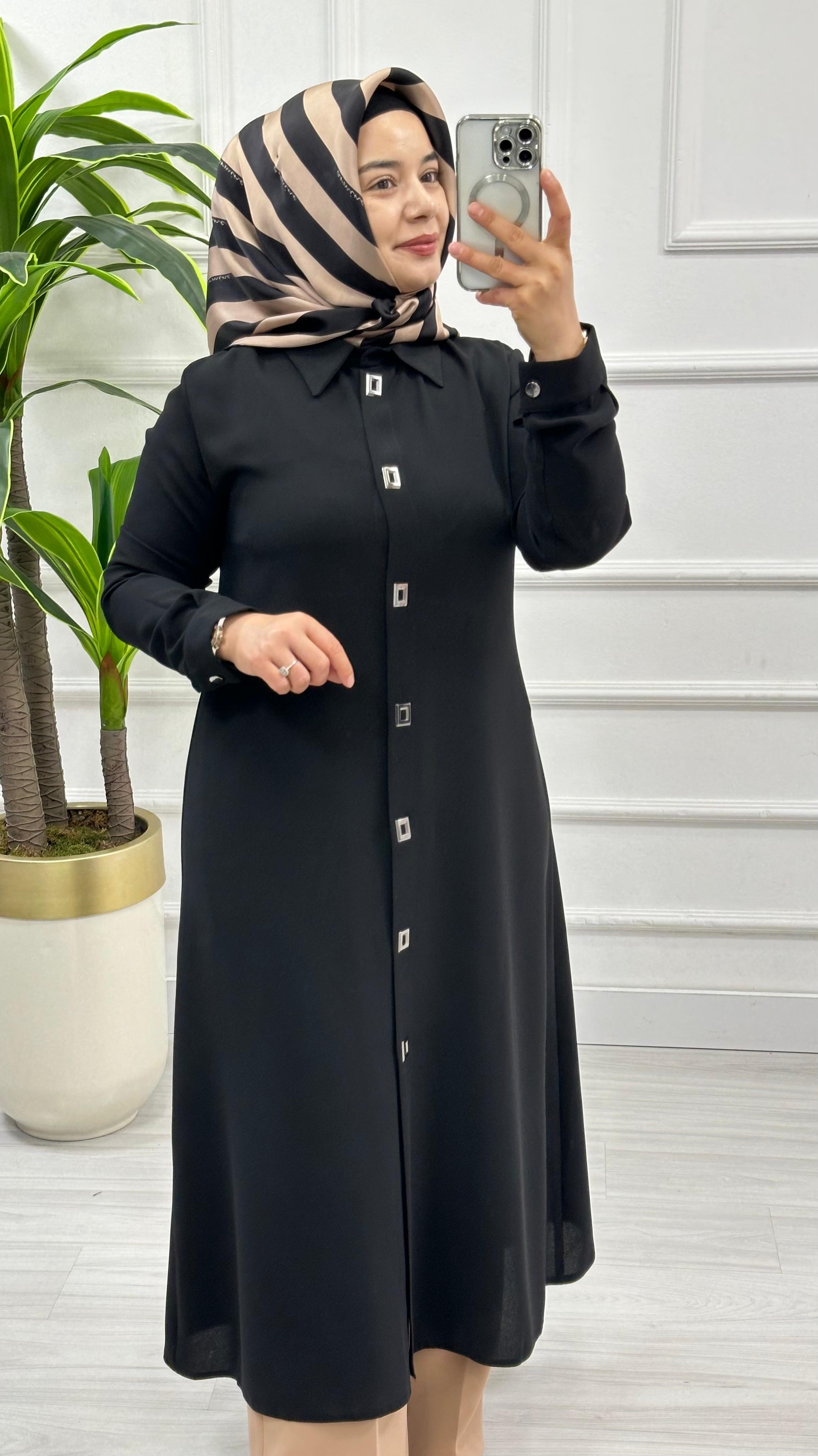 Çınar Özkan Çıt Çıtlı Uzun Tesettür Tunik Giyçık 2132 - Siyah