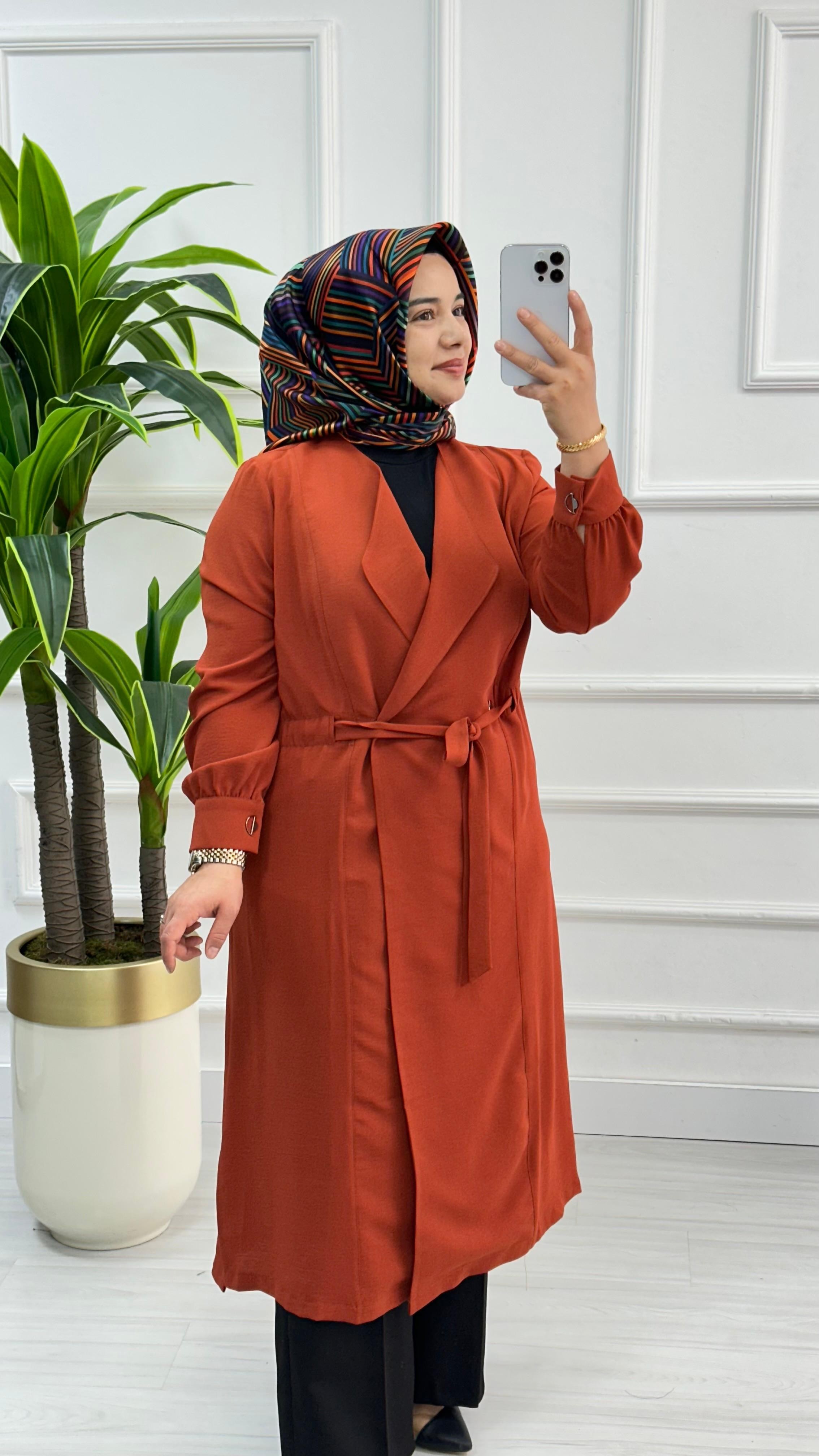 Panova Çıt Detaylı Kuşaklı Anvelok Kapamalı Giy Çık 7010 - Kiremit