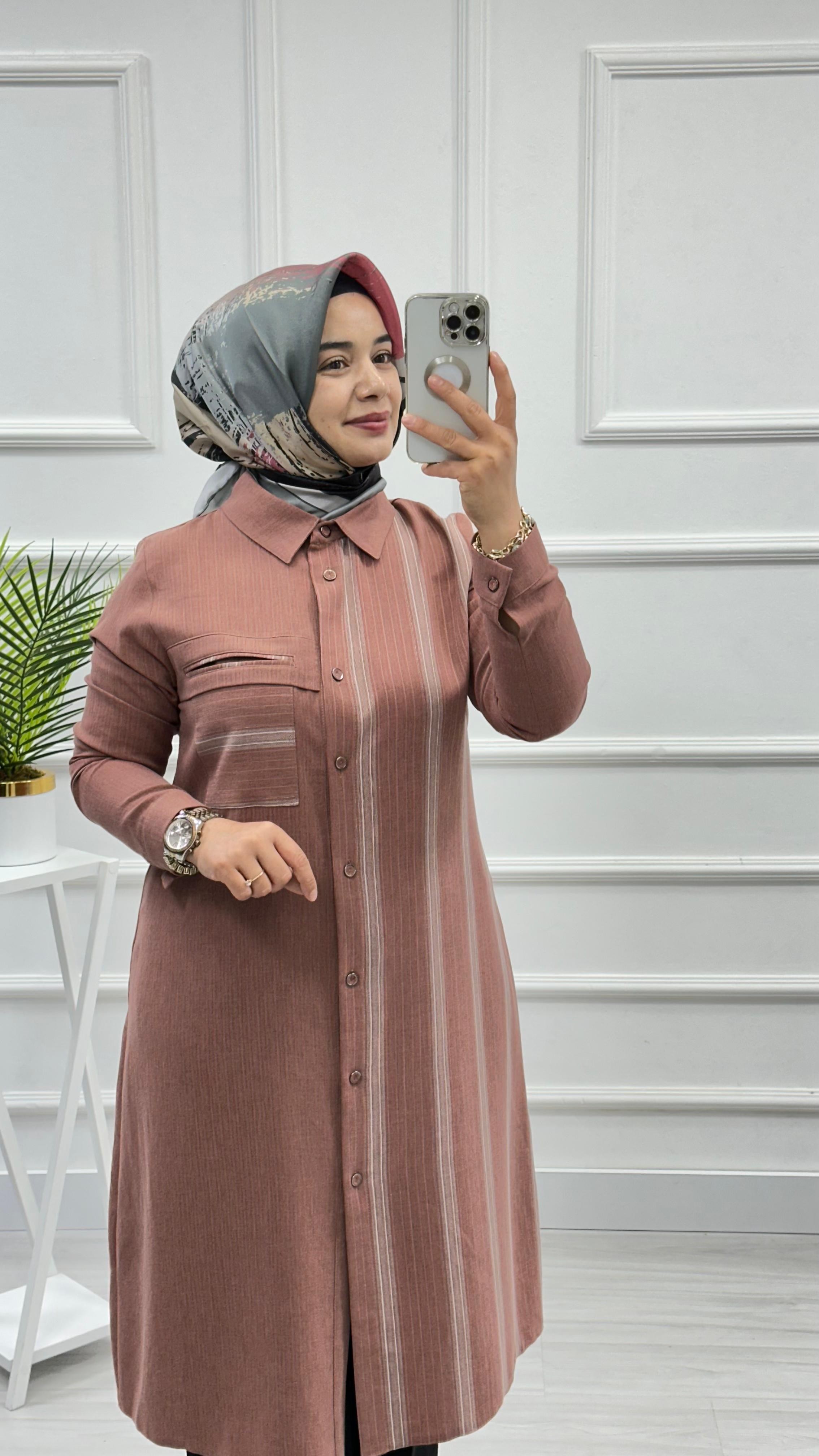 Wonna Çizgi Desenli Cepli Tunik 2810 - Pudra