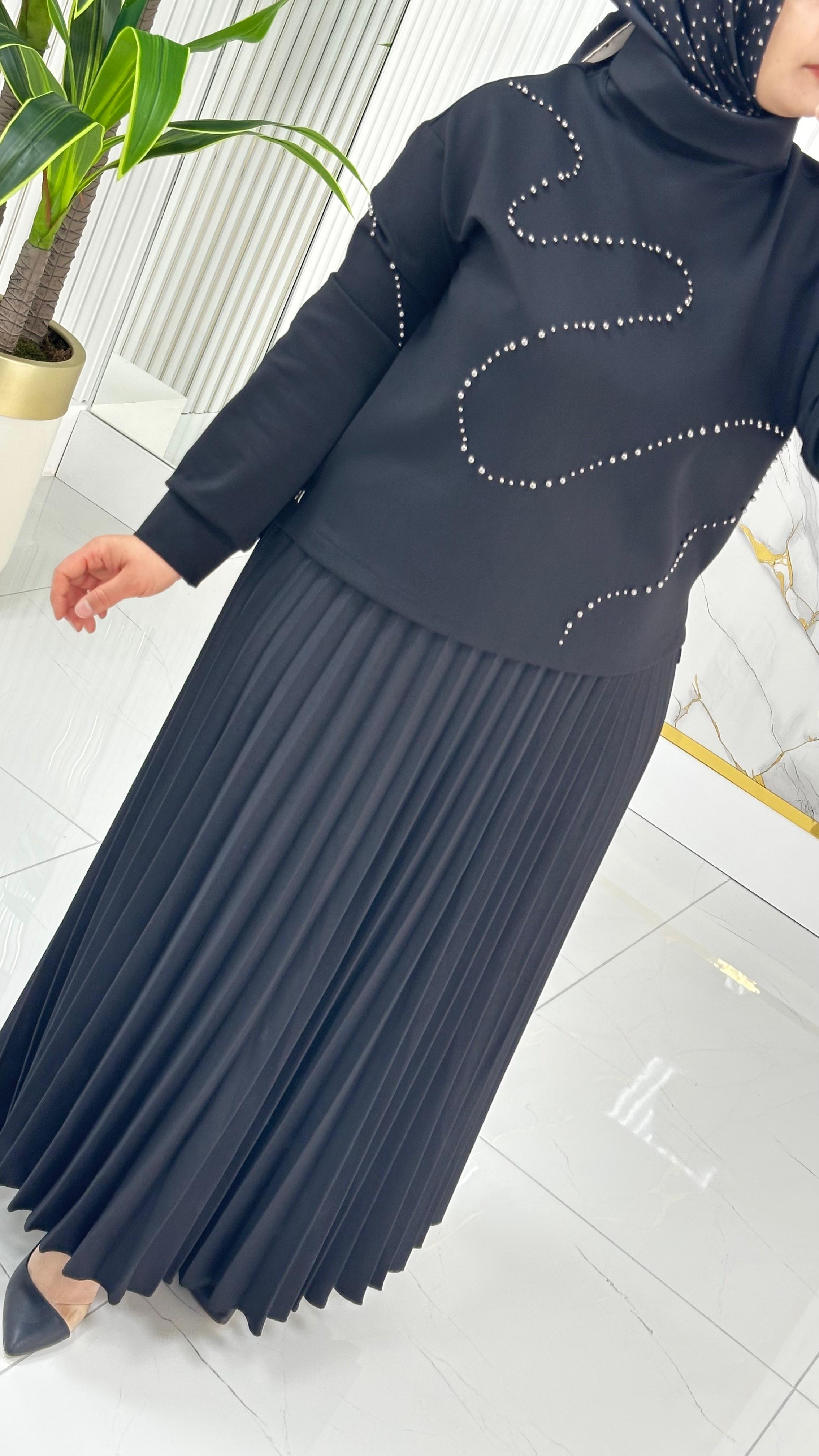 Degaje Yaka Taş Detaylı Bluz ve Piliseli Etekli İkili Takım 6012 - Siyah