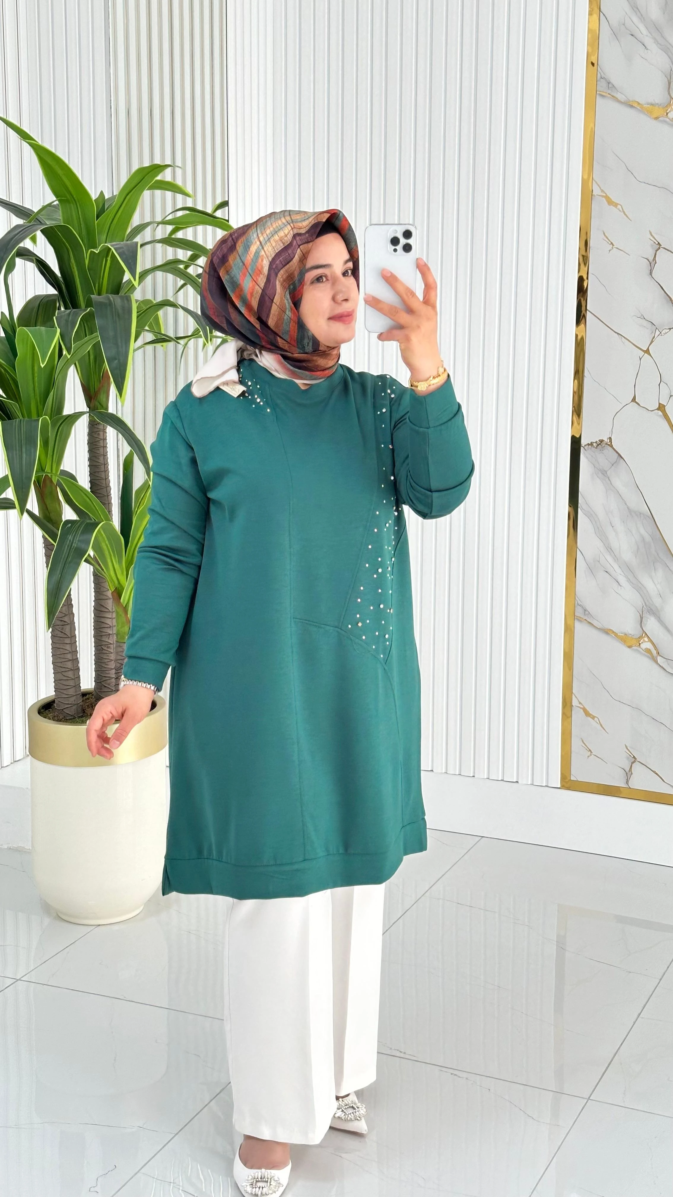 Kado Taş Baskılı Asimetrik Tunik 7020 - Koyu Zümrüt