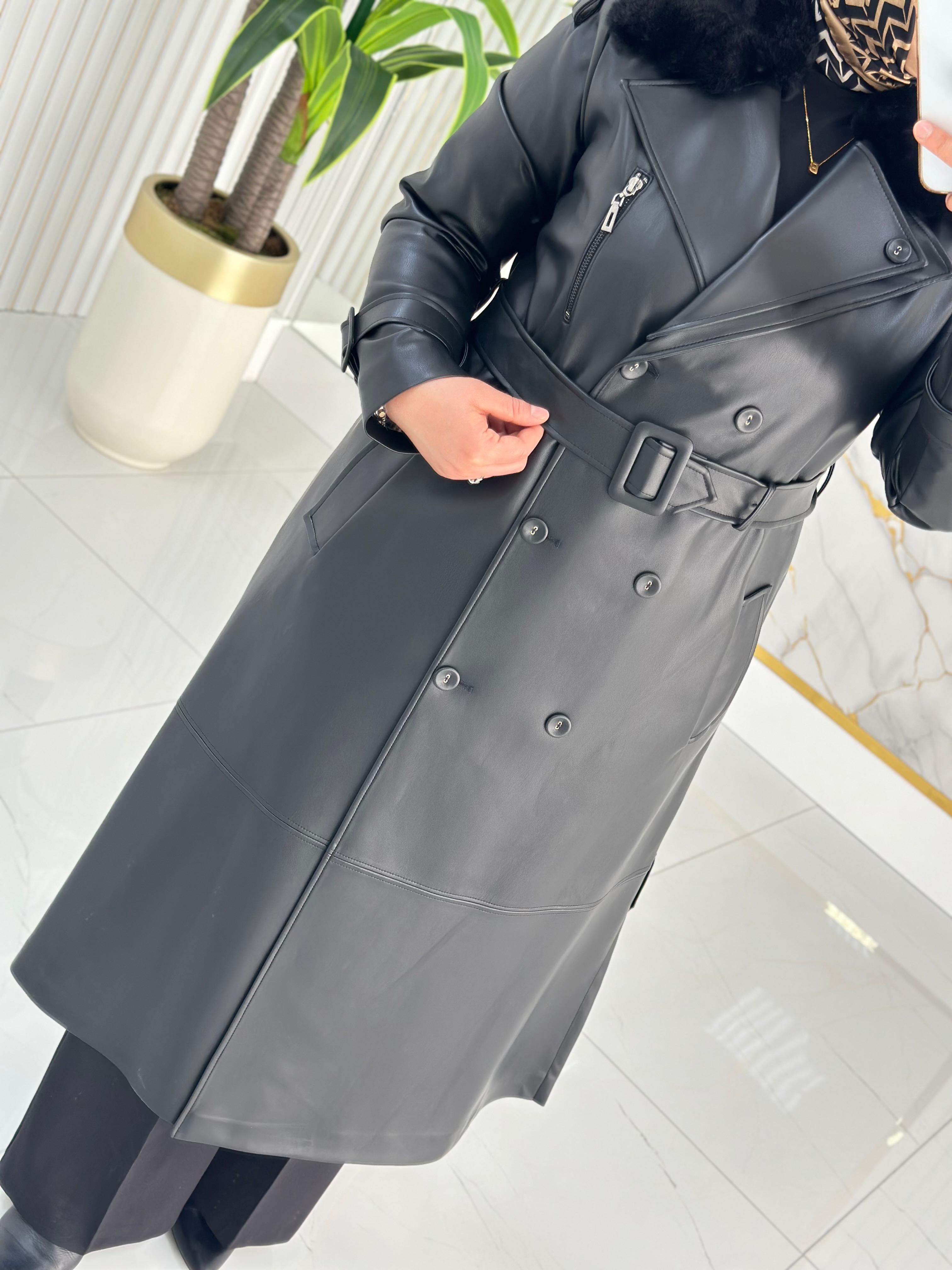 Zühre Kürk Yaka Fermuar Detaylı Deri Trençkot 1352