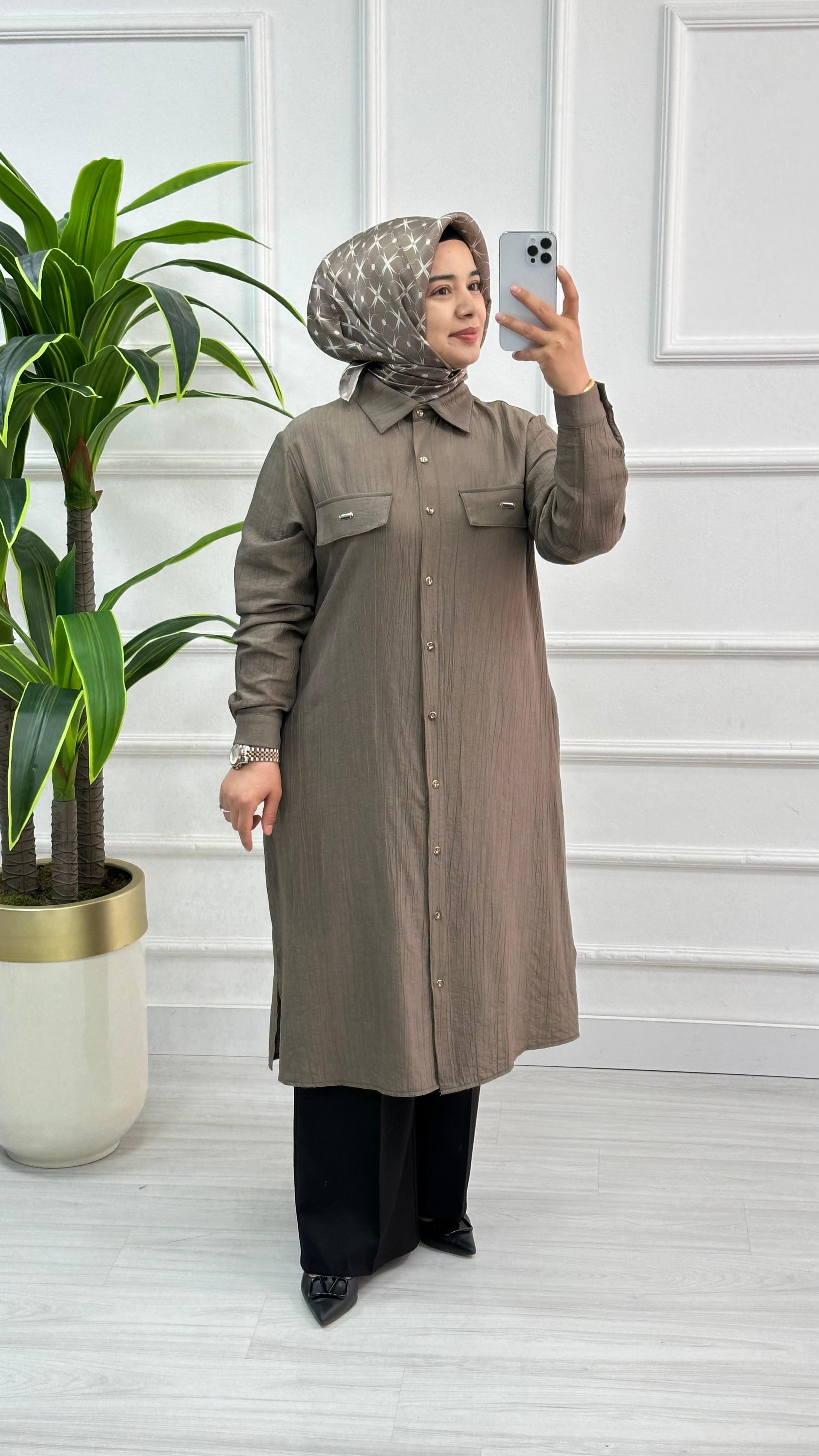 Kado Cep Detaylı Tensel Kumaş Tunik 1900 - Vizon