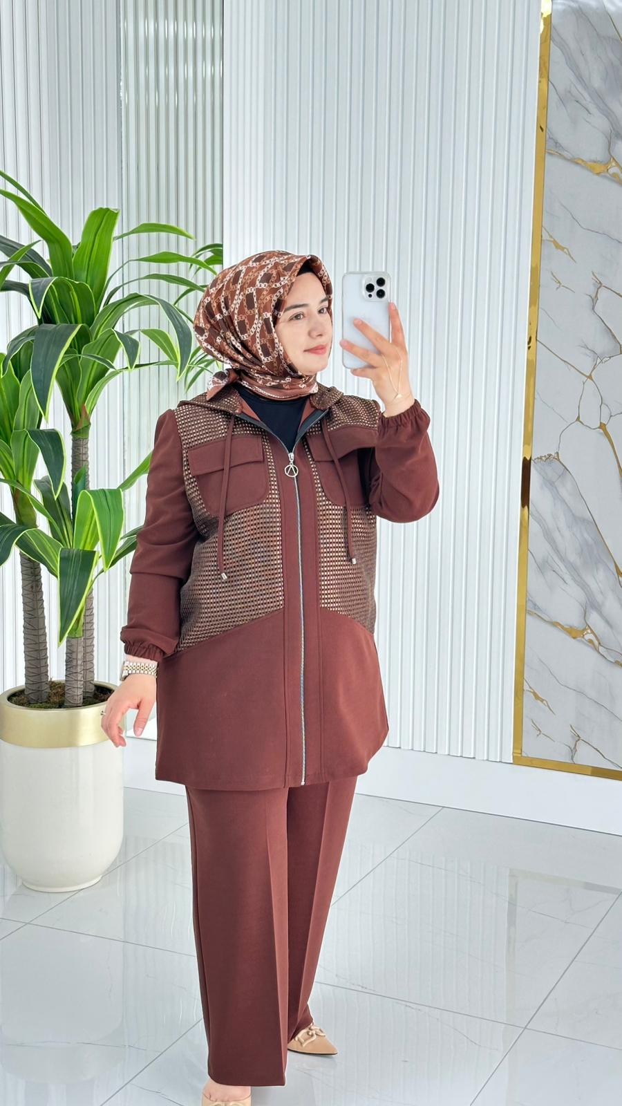 Çınar Özkan Fileli Pantolonlu Takım 2233 - Kahverengi