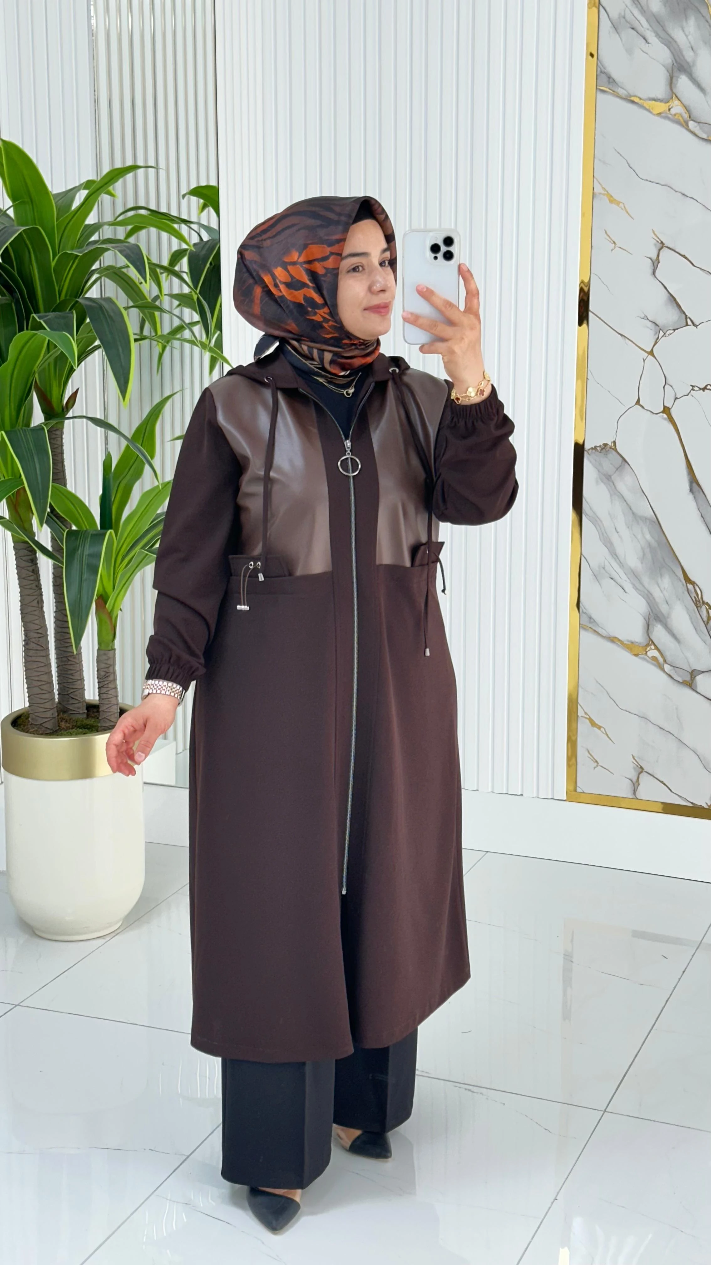 Önü Fermuarlı Deri Kombinli Kadın Giyçık Kap 2278 - Açık Kahve