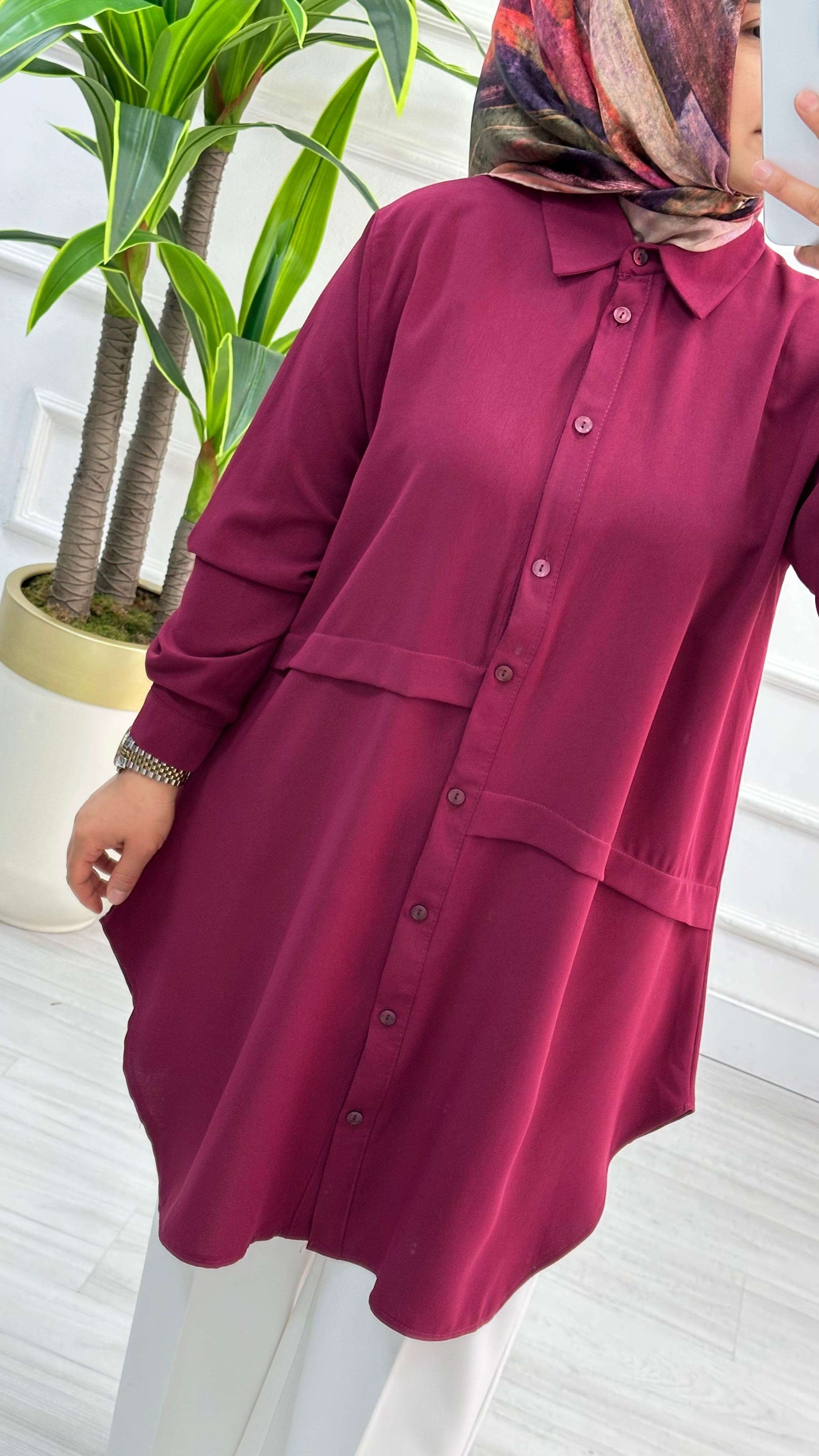 Önleri Geniş Pileli Linda Rahat Kalıp Tunik 1173 - Bordo