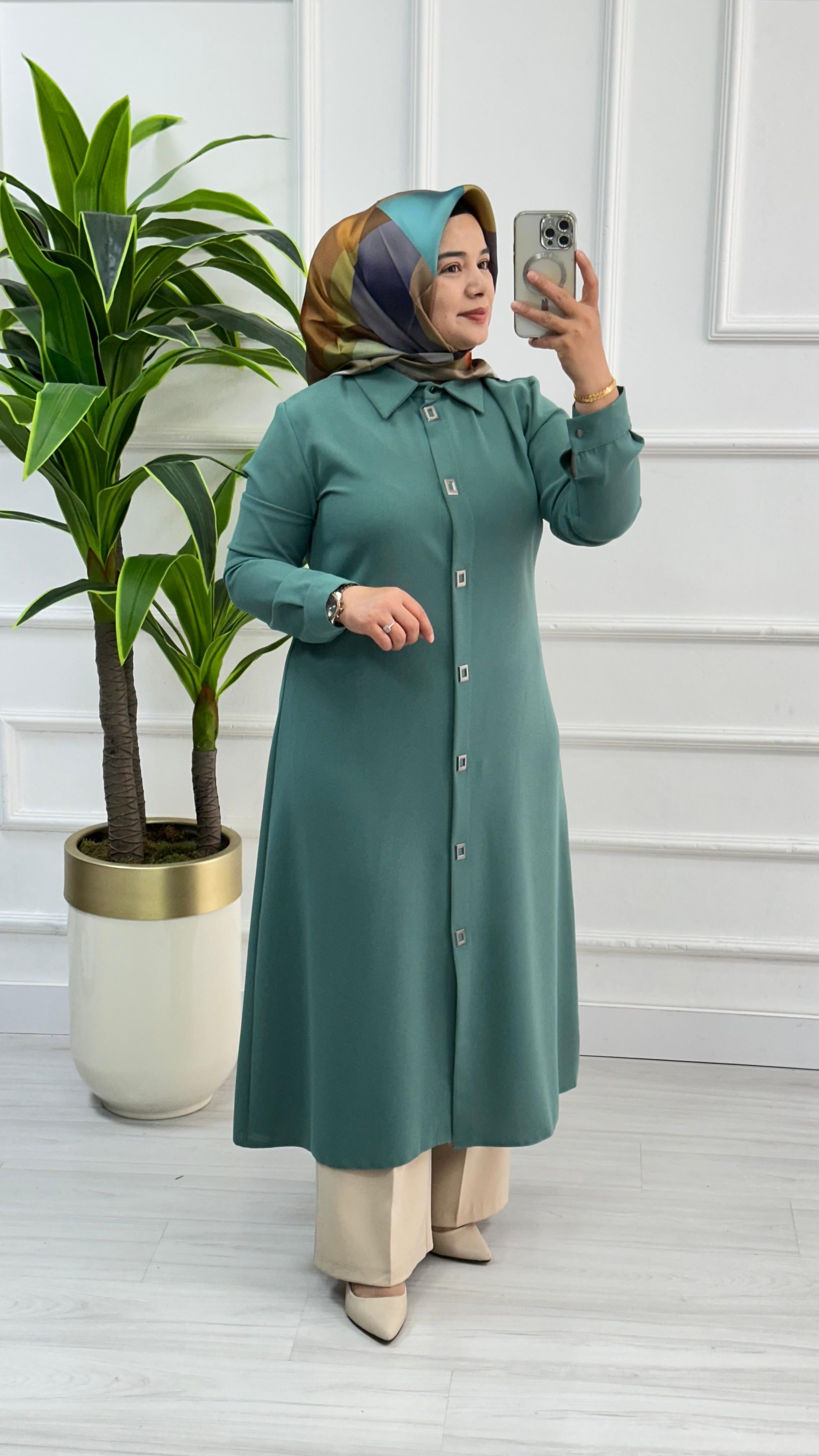 Çınar Özkan Çıt Çıtlı Uzun Tesettür Tunik Giyçık 2132 - Mint Yeşili