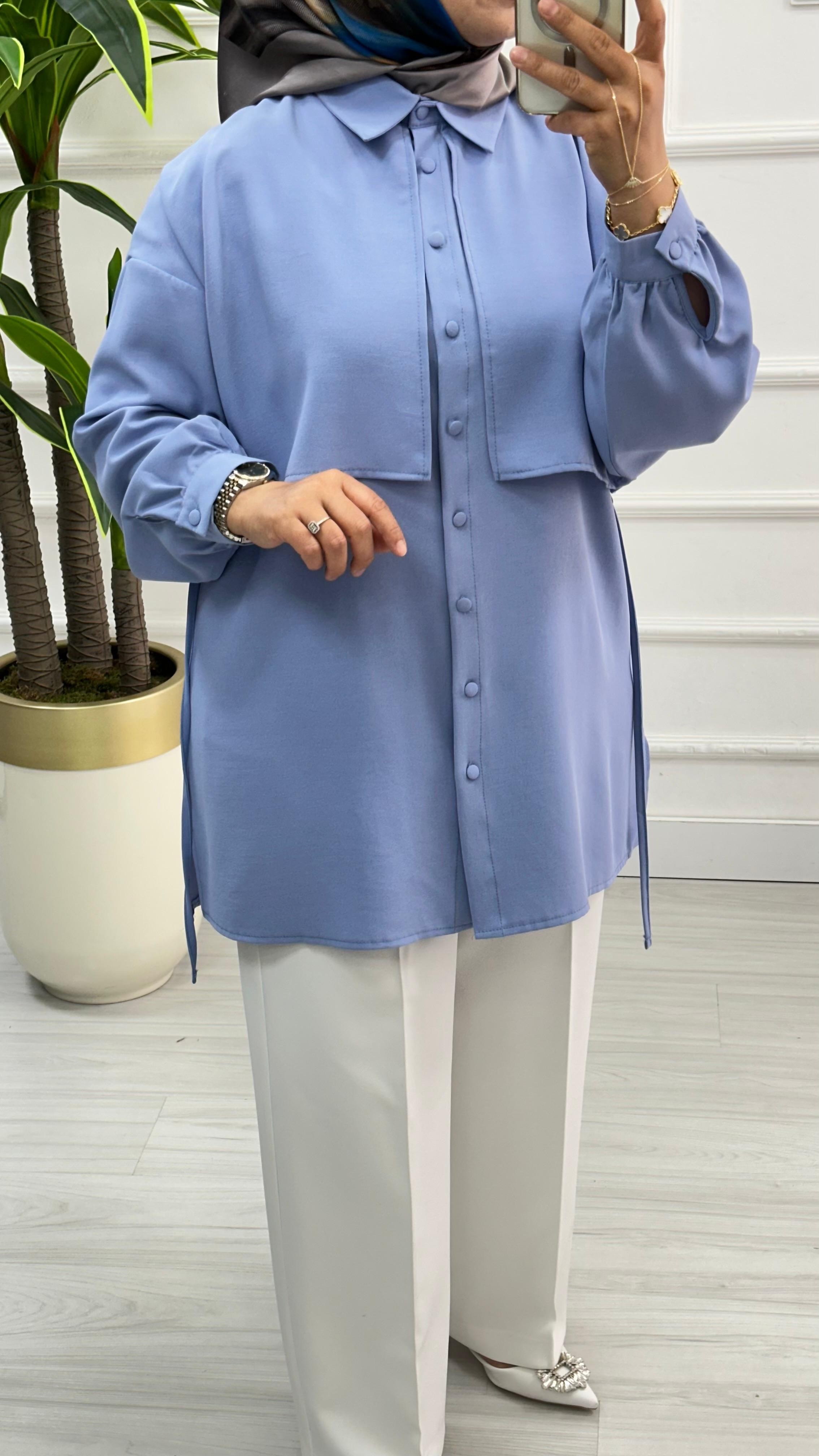 Cepkenli Biyeli Kemerli Linda Spor Tunik 1869 - Mavi