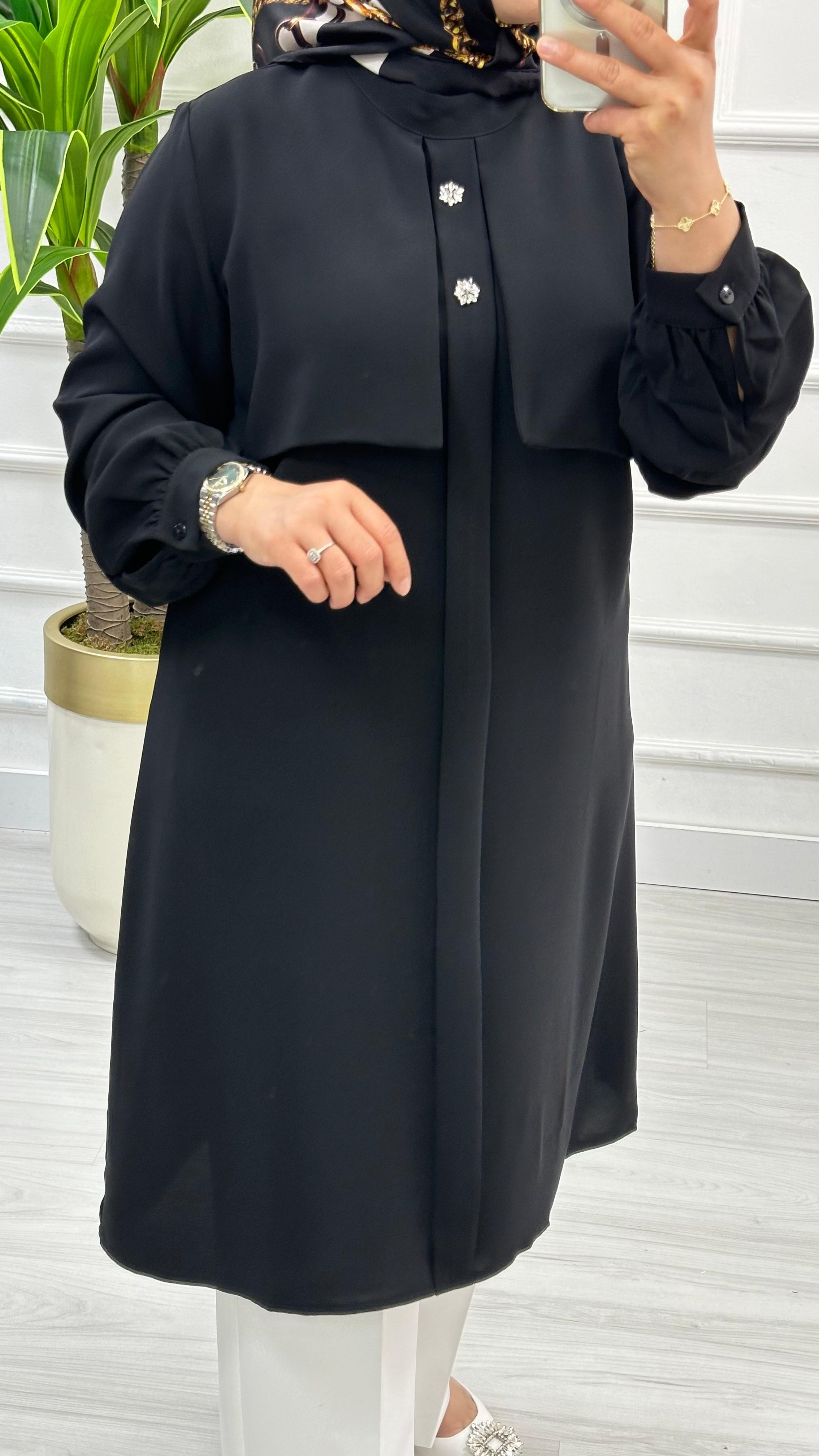 Alesya Taşlı Cepkenli Polo Krep Tunik 4887 - Siyah
