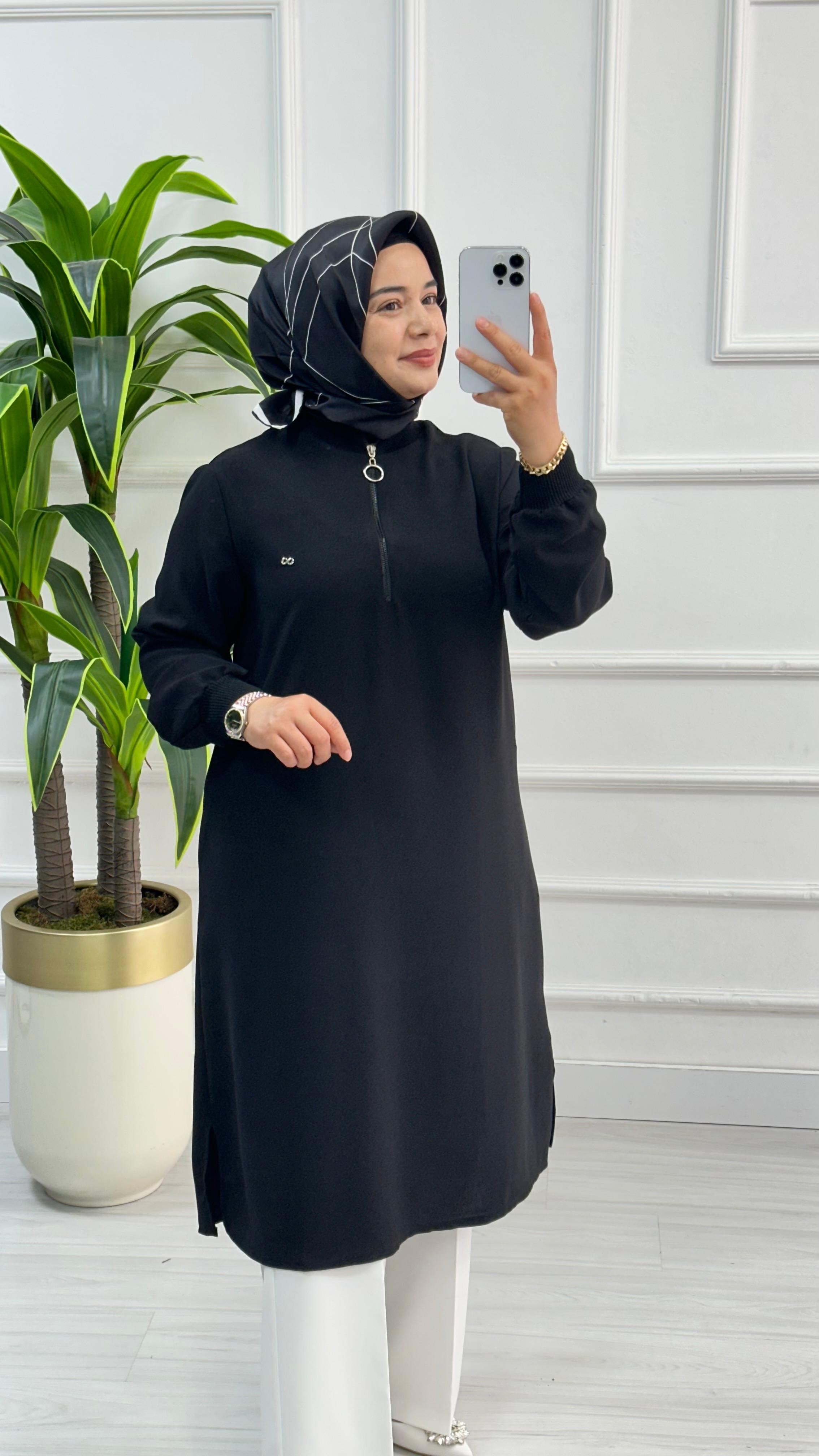 Kado Fermuarlı Uzun Boy Tesettür Tunik 1591 - Siyah