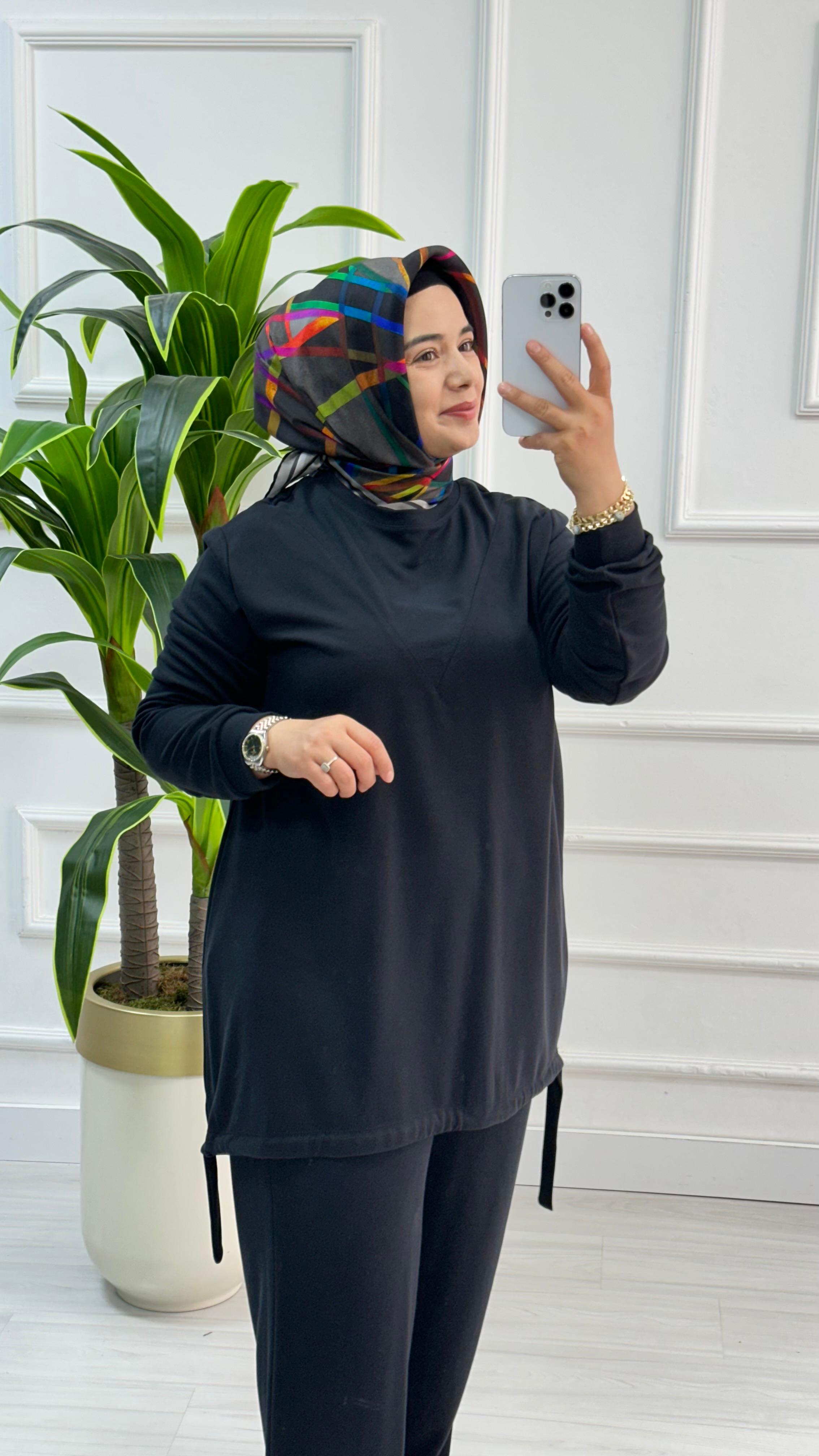Düşük Omuz Önü Dikişli Tunik ve Pantolon Kadın İkili Takım KADO 7120 - Siyah