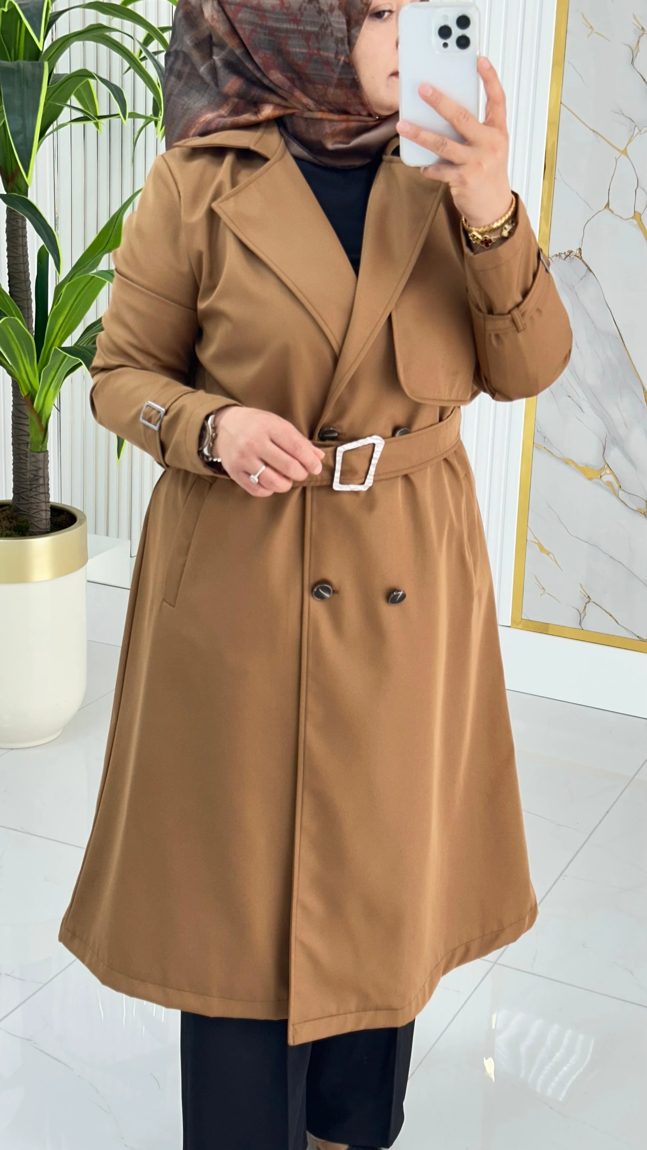 Çınar Özkan Kruvaze Yaka Düğmeli Beli Kemerli Kadın Trench Kap 2280 - Taba