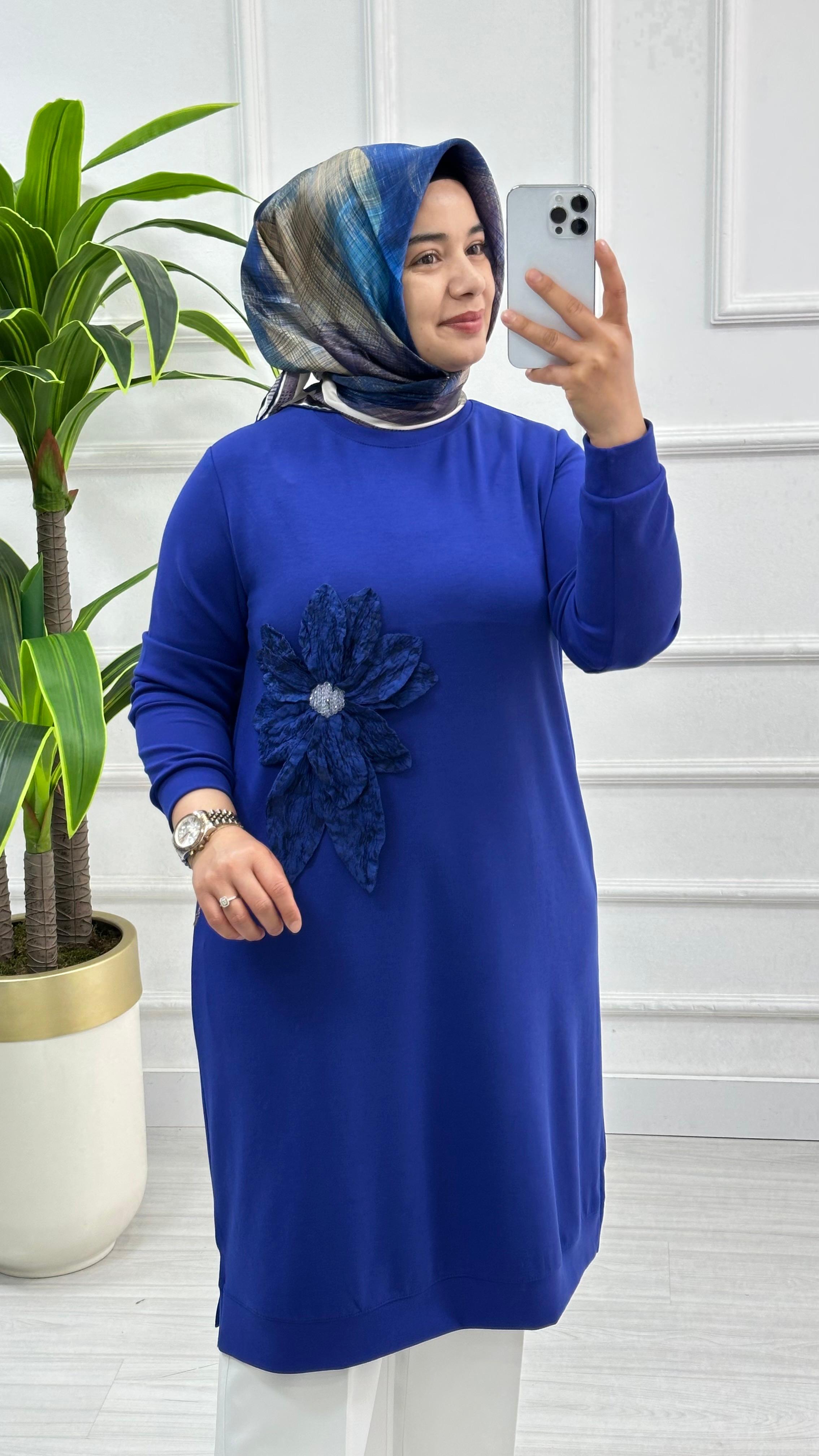 Kado Uzun Boy Çiçek Desenli Tunik 1354 - Saks Mavisi