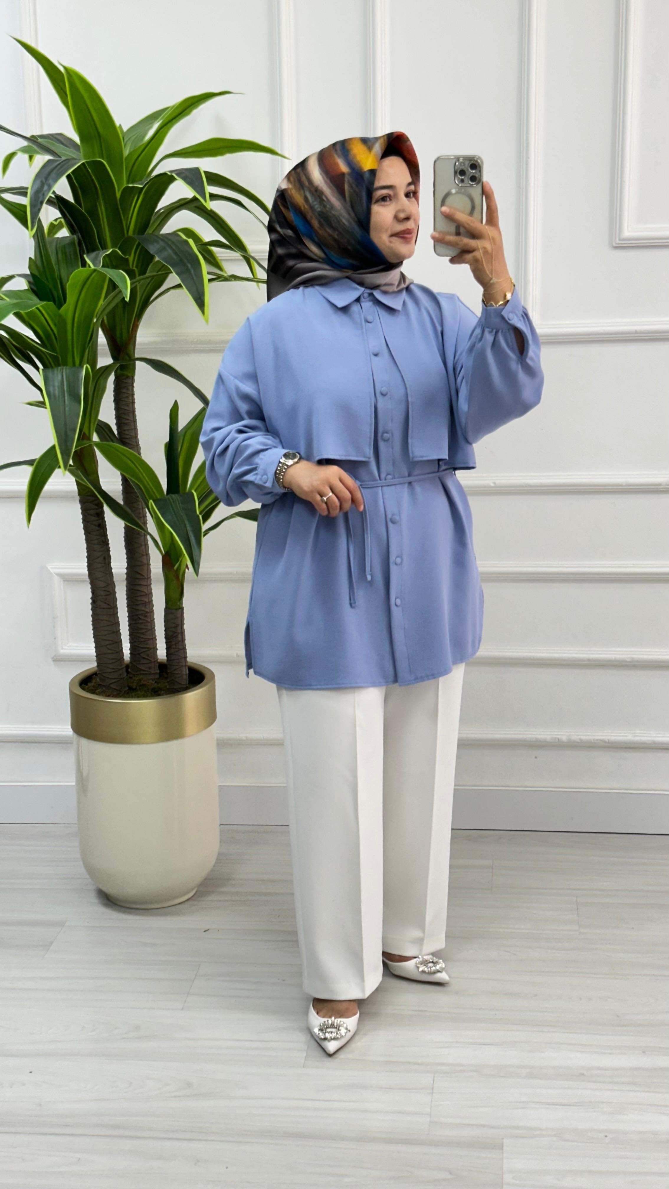 Cepkenli Biyeli Kemerli Linda Spor Tunik 1869 - Mavi