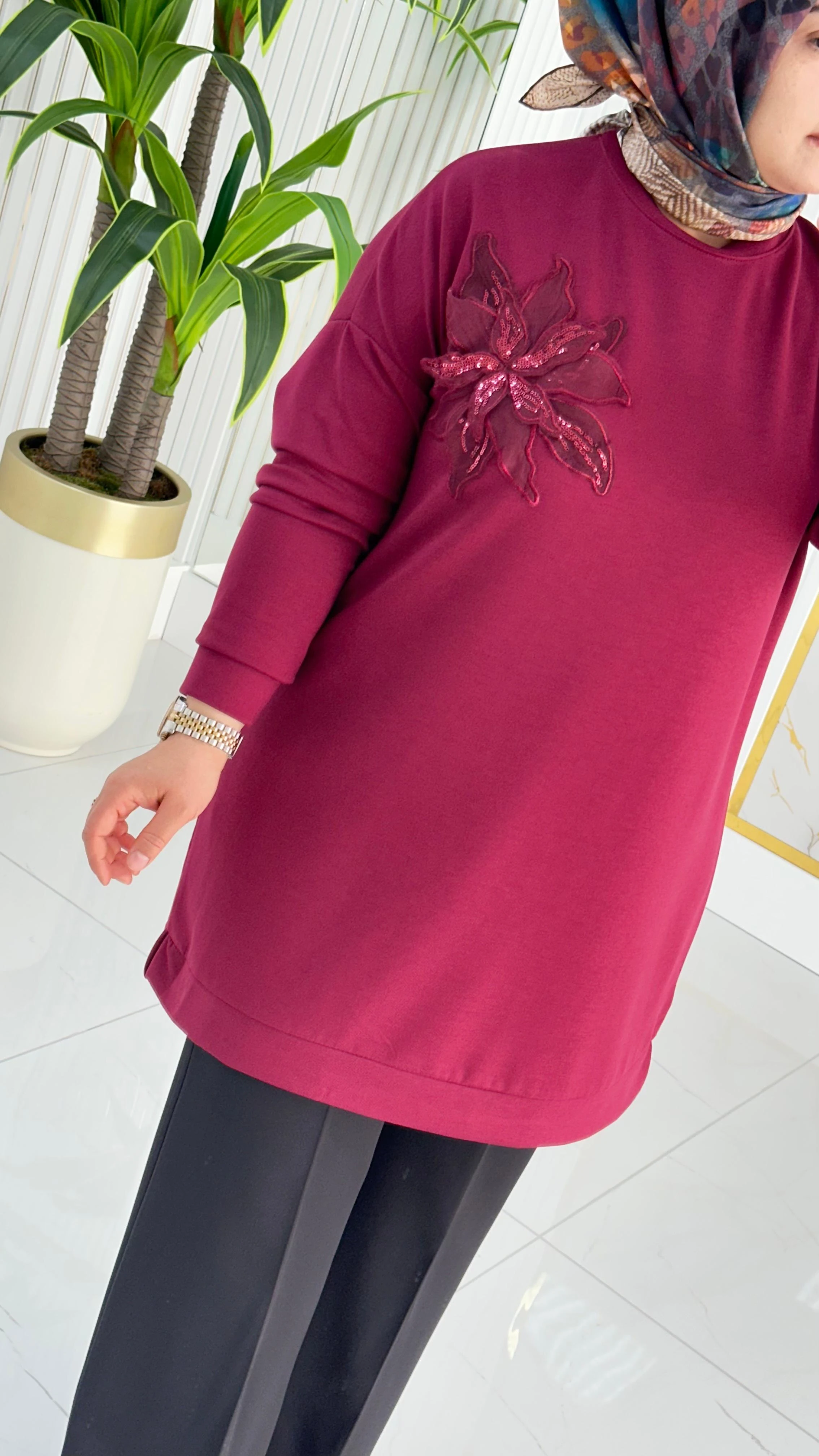 Kado Çiçek Desenli Tunik 7346 - Bordo