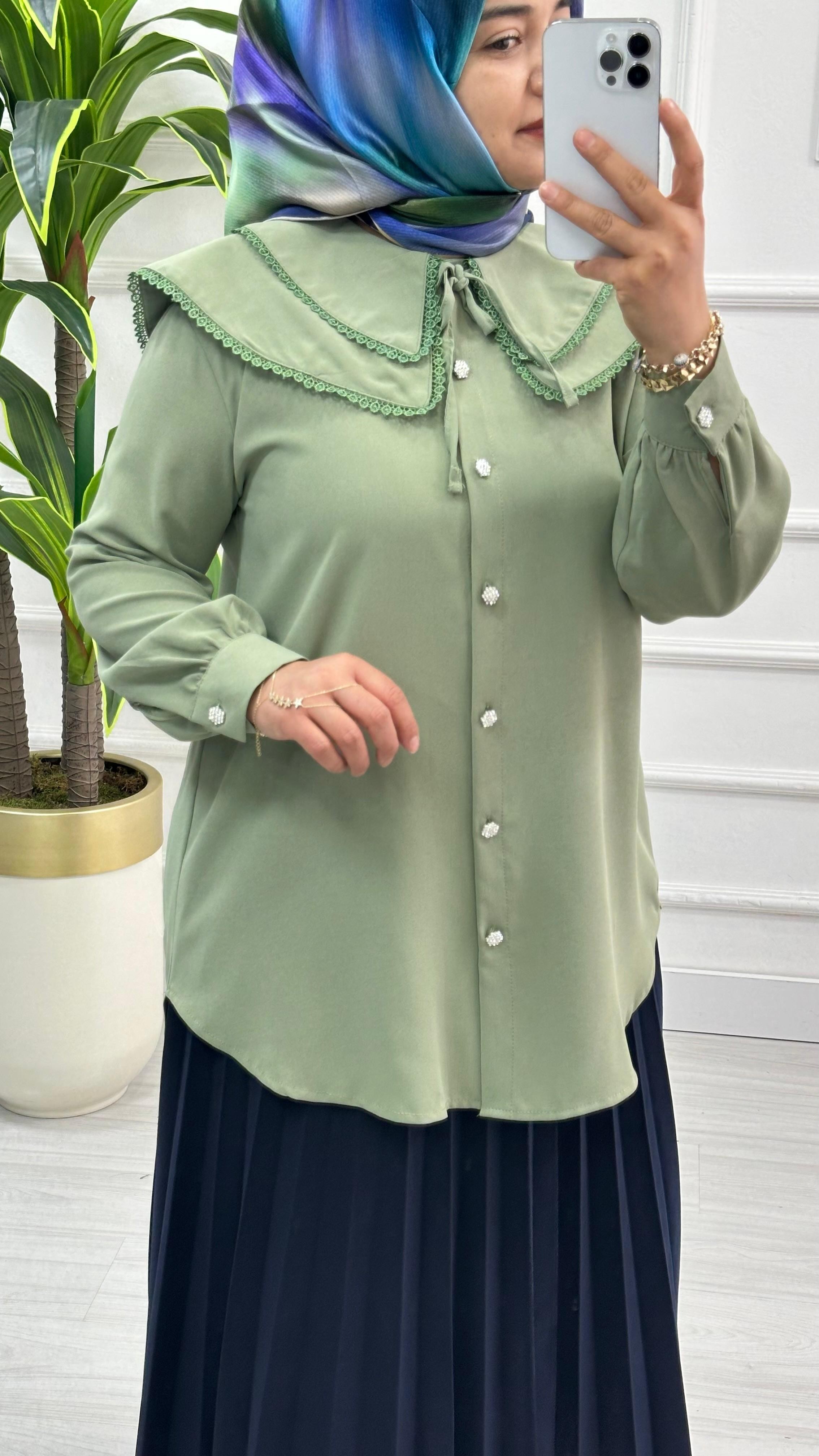 Dantelli Çift Yakalı Linda Tunik 1734 - Mint Yeşili