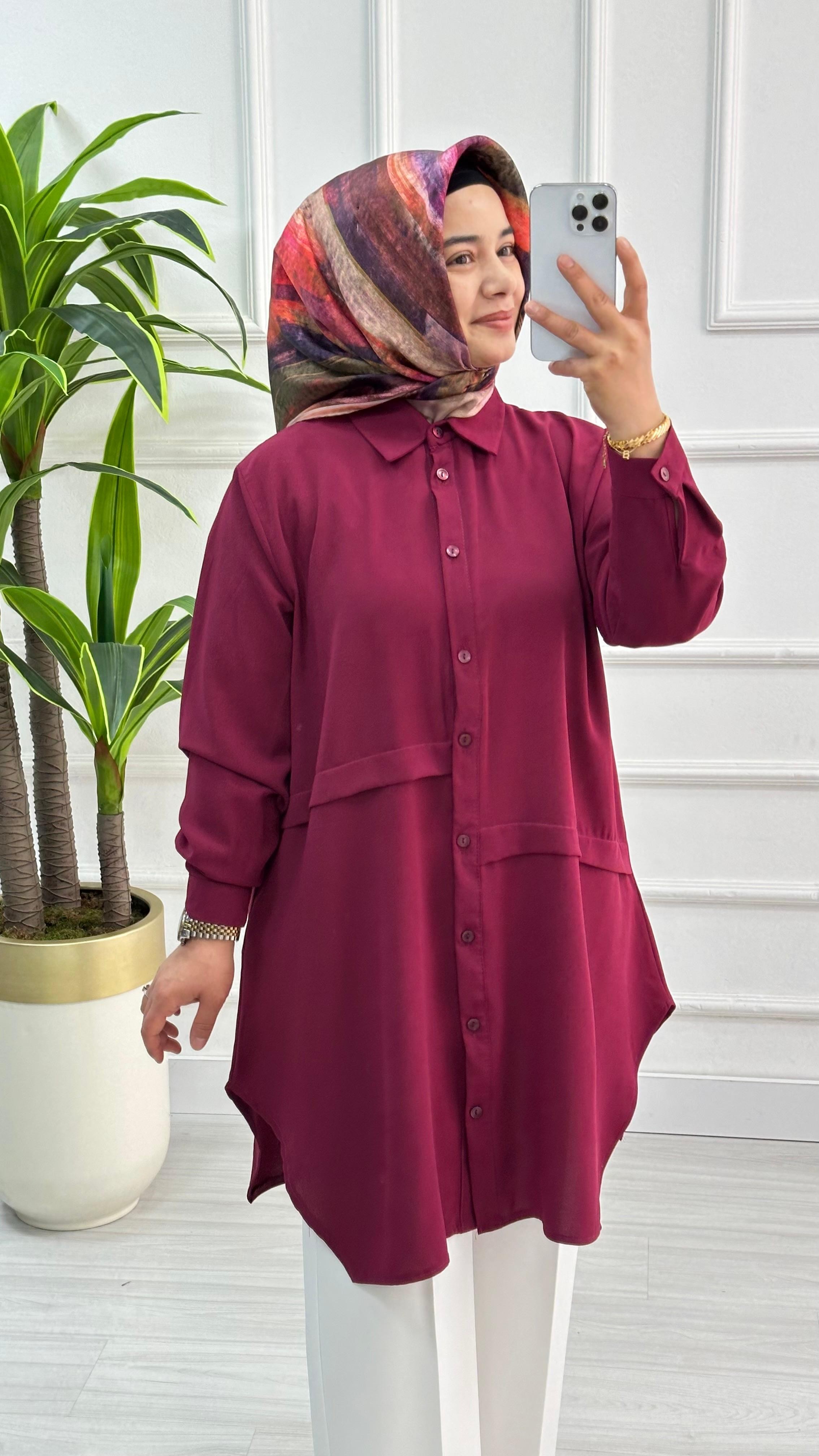 Önleri Geniş Pileli Linda Rahat Kalıp Tunik 1173 - Bordo