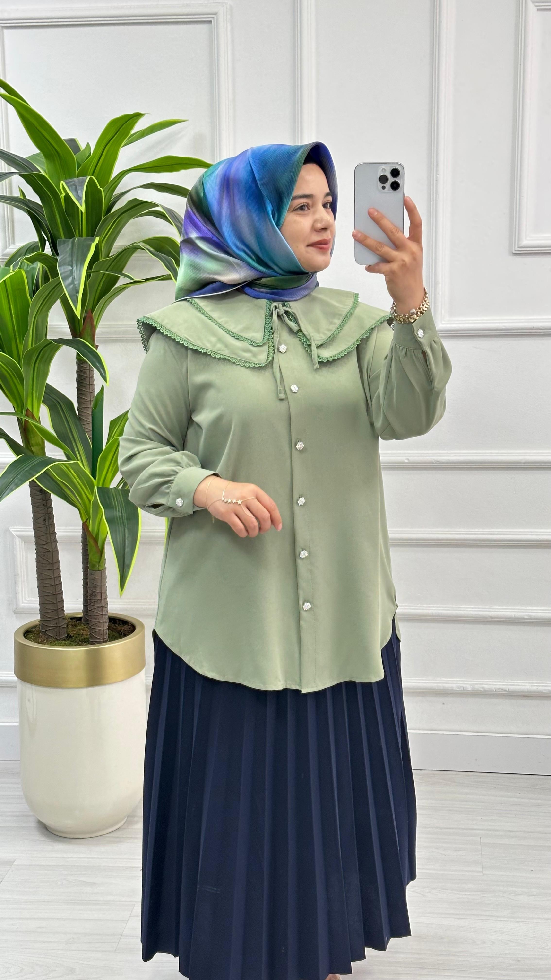 Dantelli Çift Yakalı Linda Tunik 1734 - Mint Yeşili