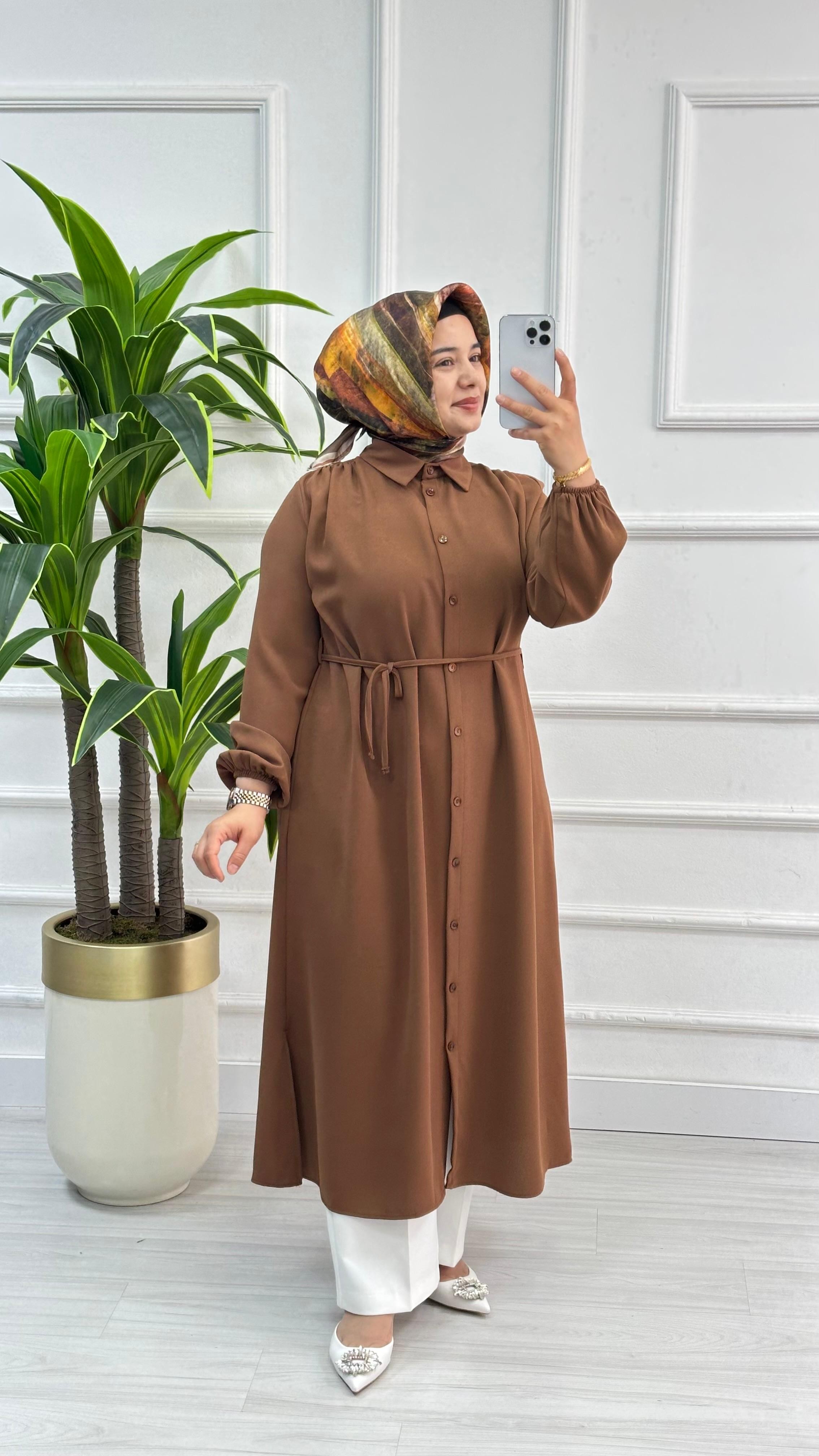 Omuzları Büzgülü Linda Kumaş Tunik 1562 - Kahverengi
