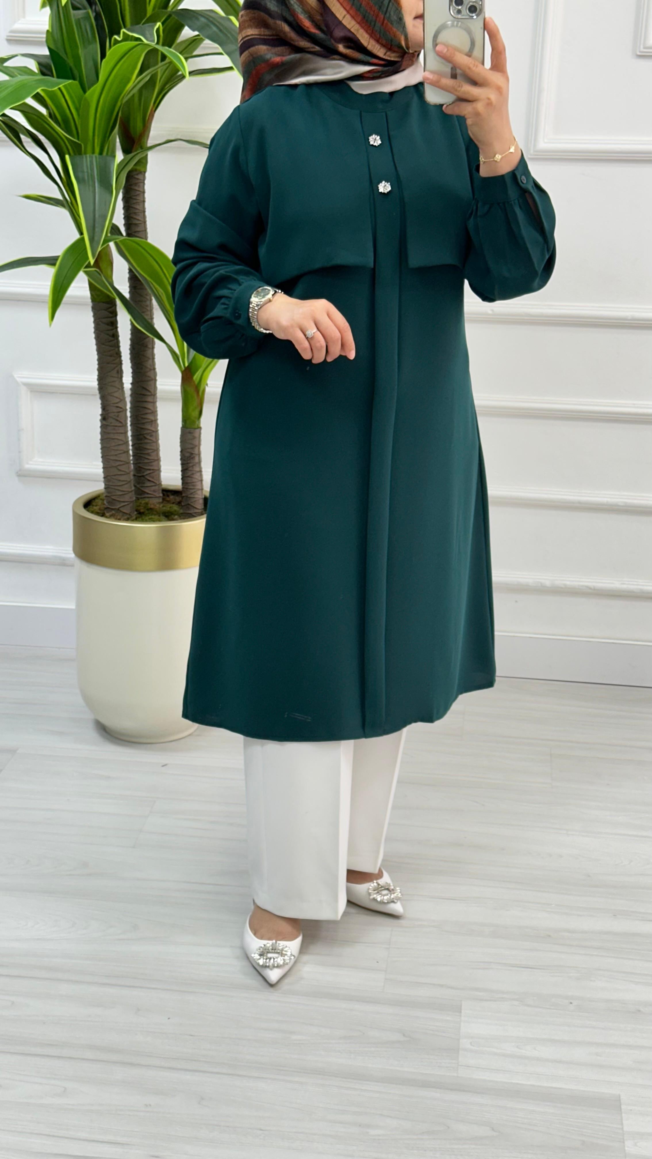 Alesya Taşlı Cepkenli Polo Krep Tunik 4887 - Zümrüt Yeşili
