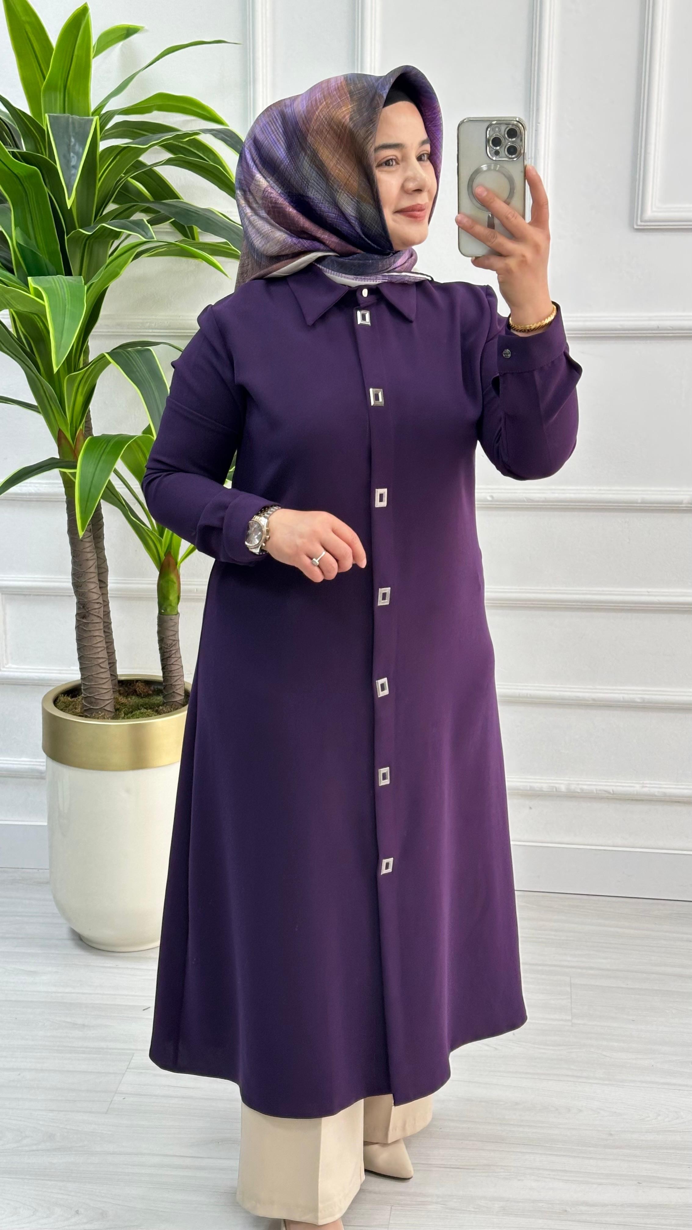 Çınar Özkan Çıt Çıtlı Uzun Tesettür Tunik Giyçık 2132 - Mor