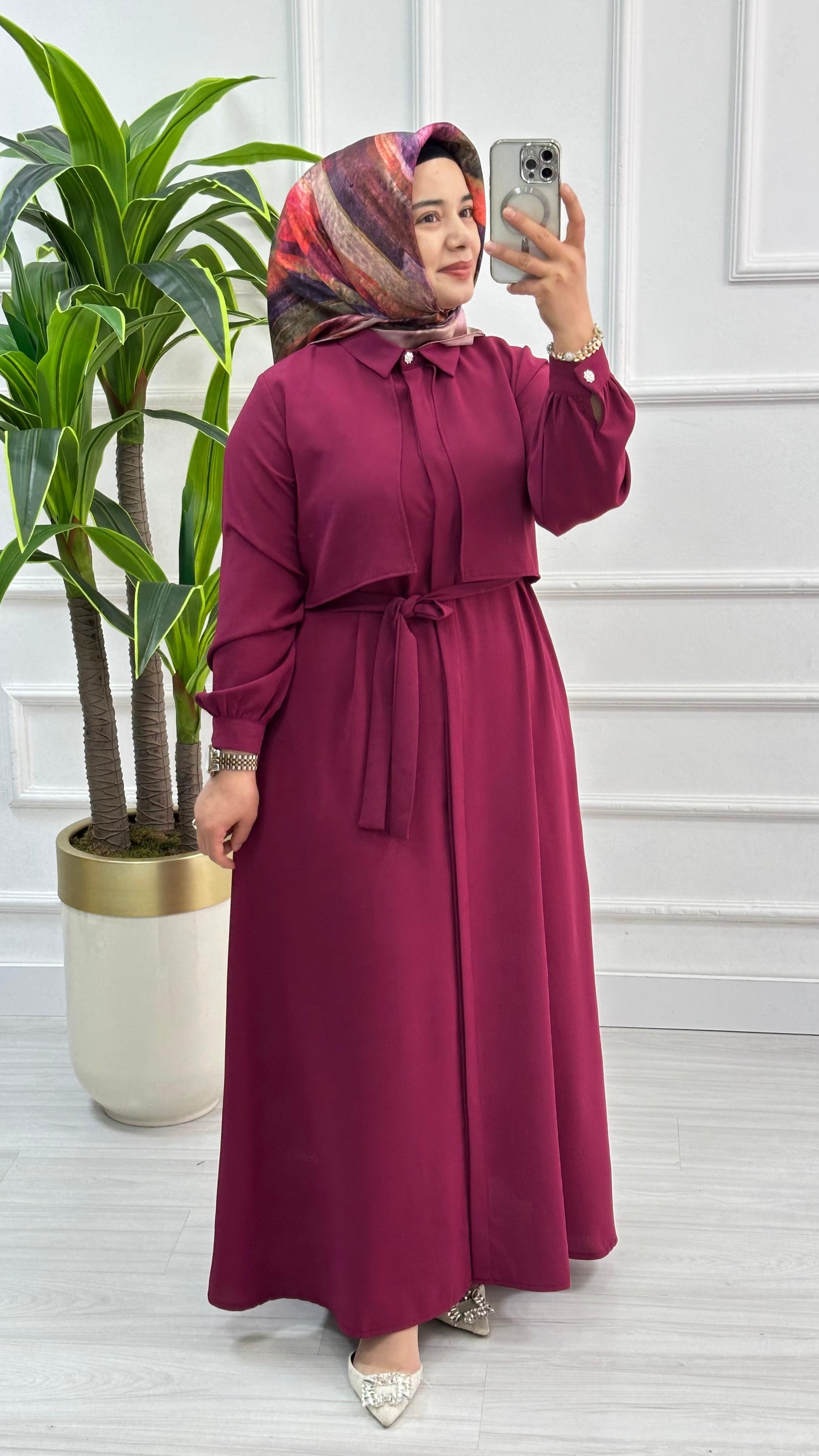Önü Allerli Kemer Detaylı Detaylı Giyçık / Elbise 1902 - Bordo