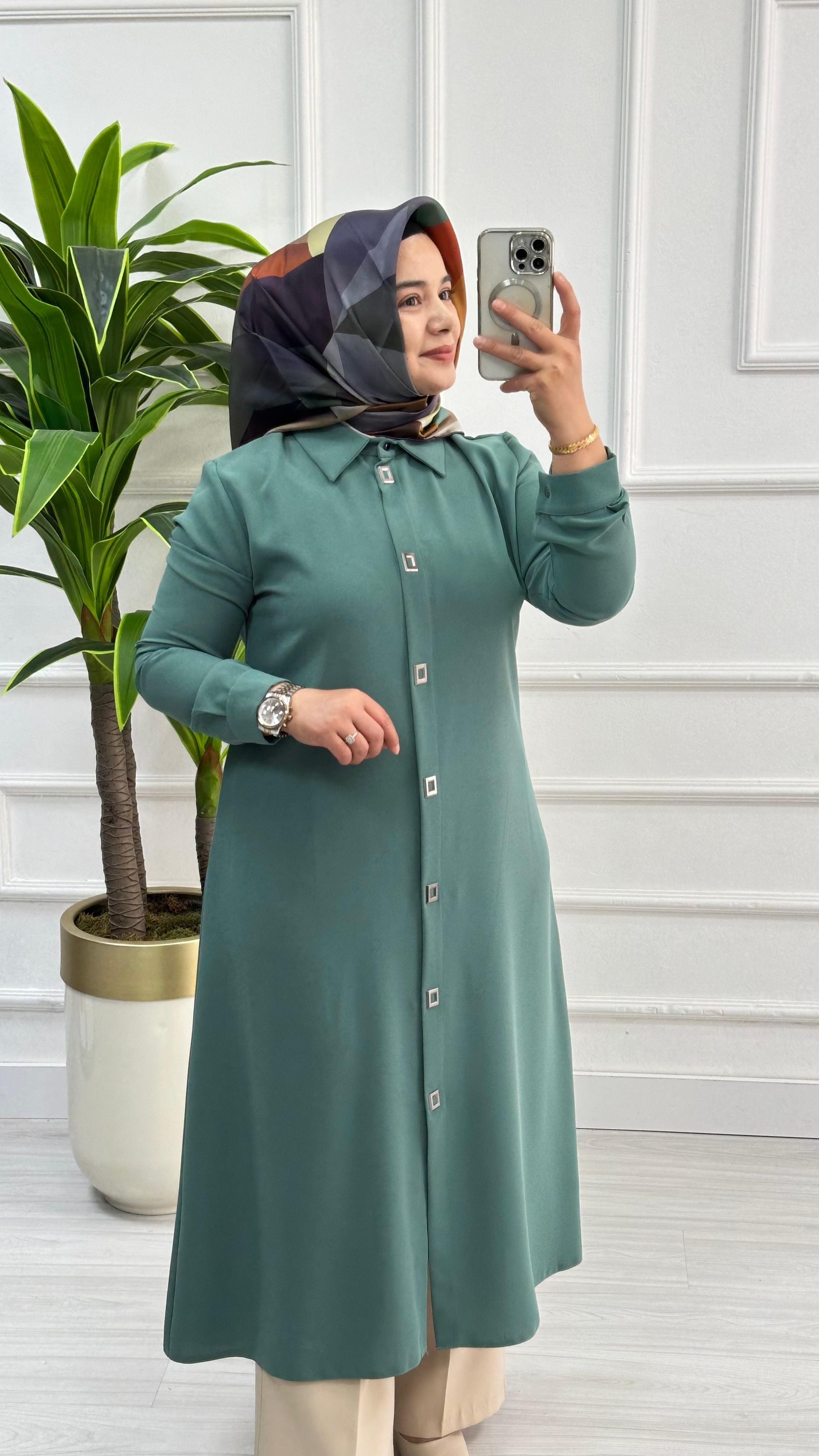 Çınar Özkan Çıt Çıtlı Uzun Tesettür Tunik Giyçık 2132 - Mint Yeşili