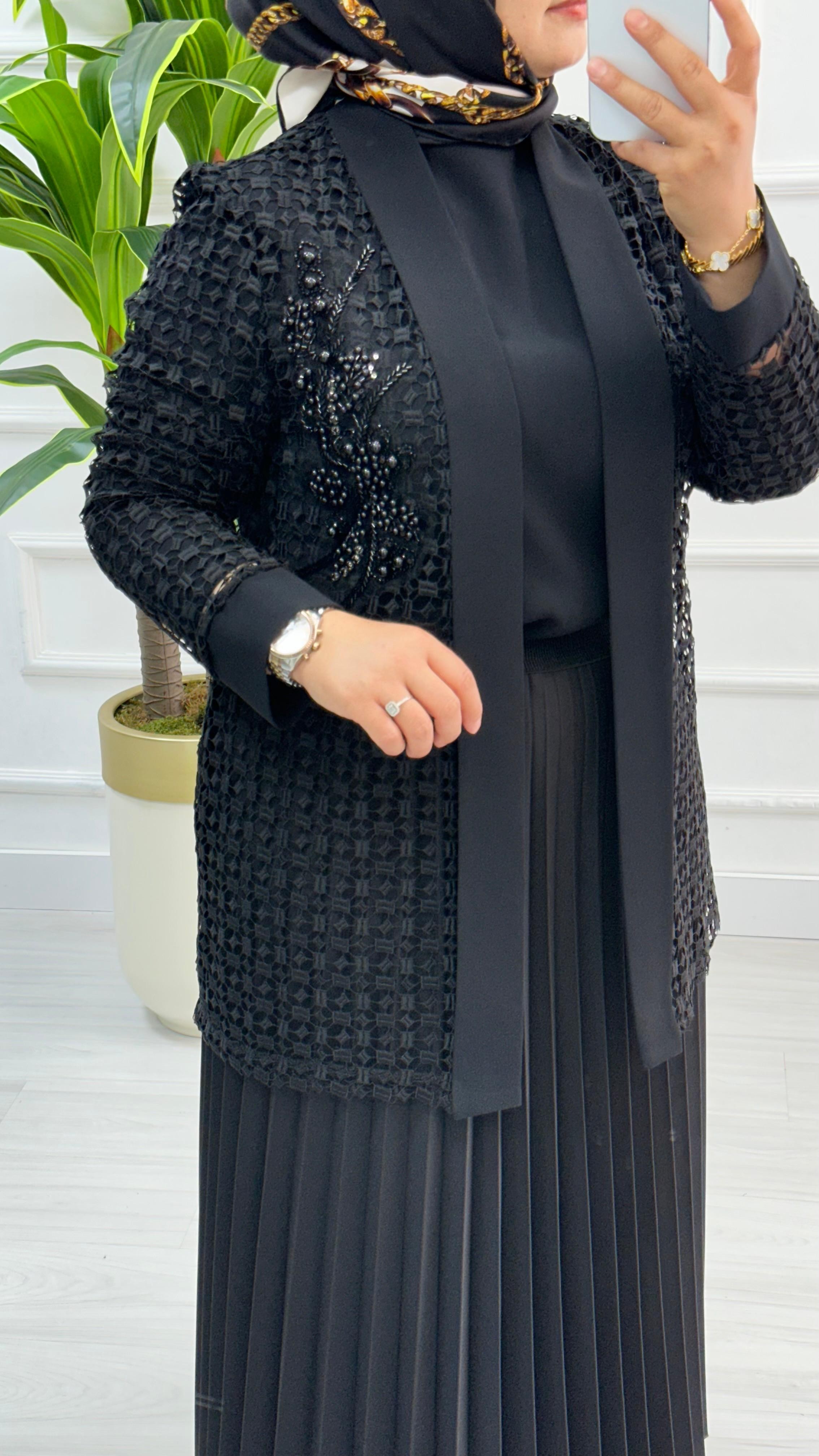 Ceketi Boncuk Detaylı Uzun Kol İçlikli İkili Takım 2555