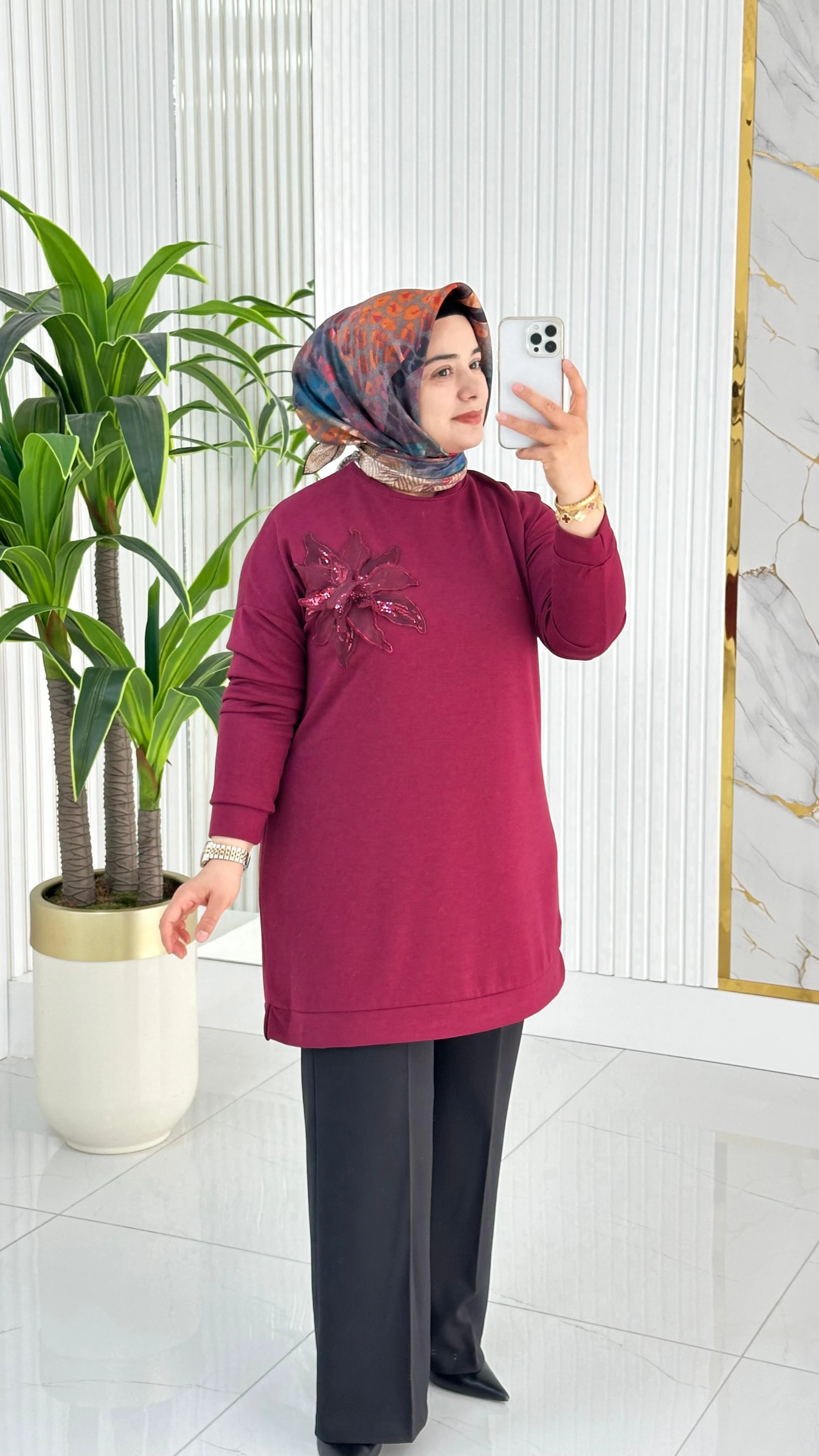 Kado Çiçek Desenli Tunik 7346 - Bordo